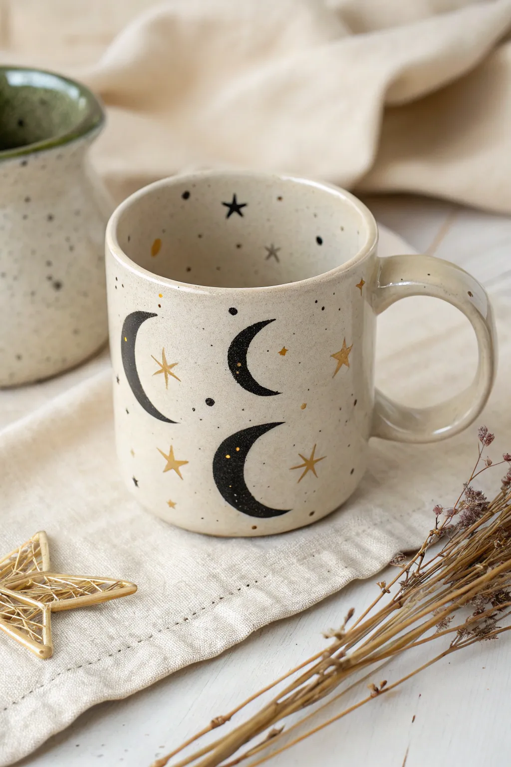 Minimal witchy mug with crescent moons and stars in cream, black, and muted gold.
