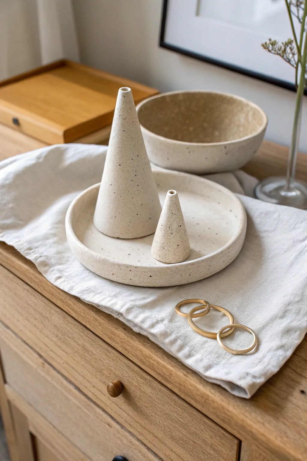 Beginner ring cone and dish set in speckled stoneware, styled simply for everyday elegance
