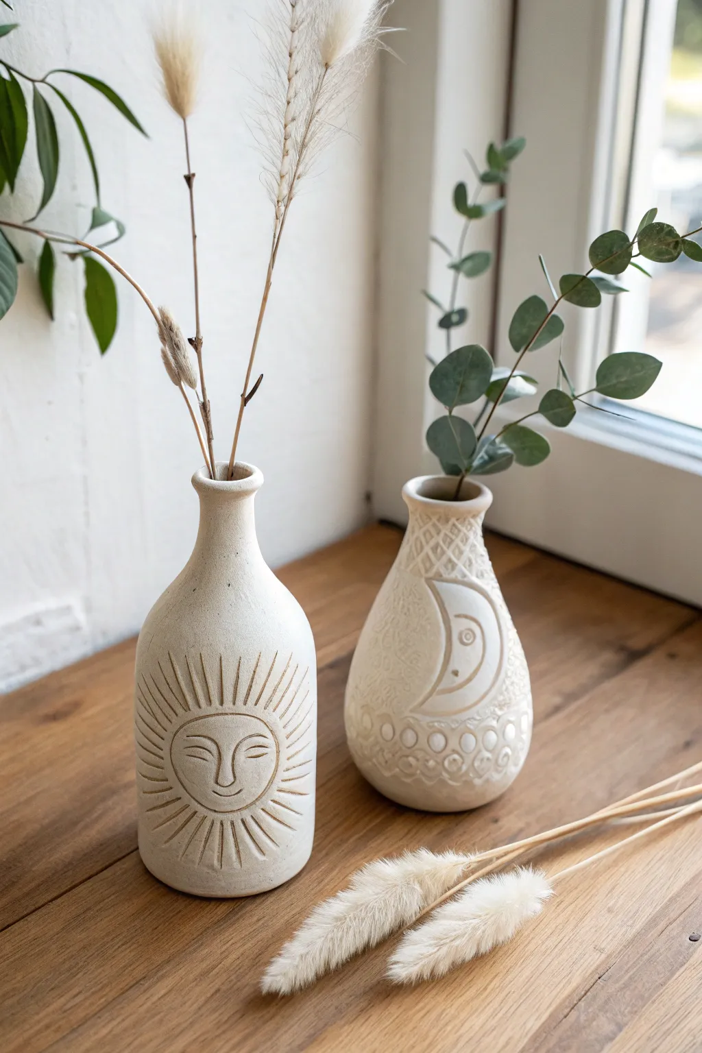 Two beginner-friendly carved bud vases with simple line art and a single airy stem each