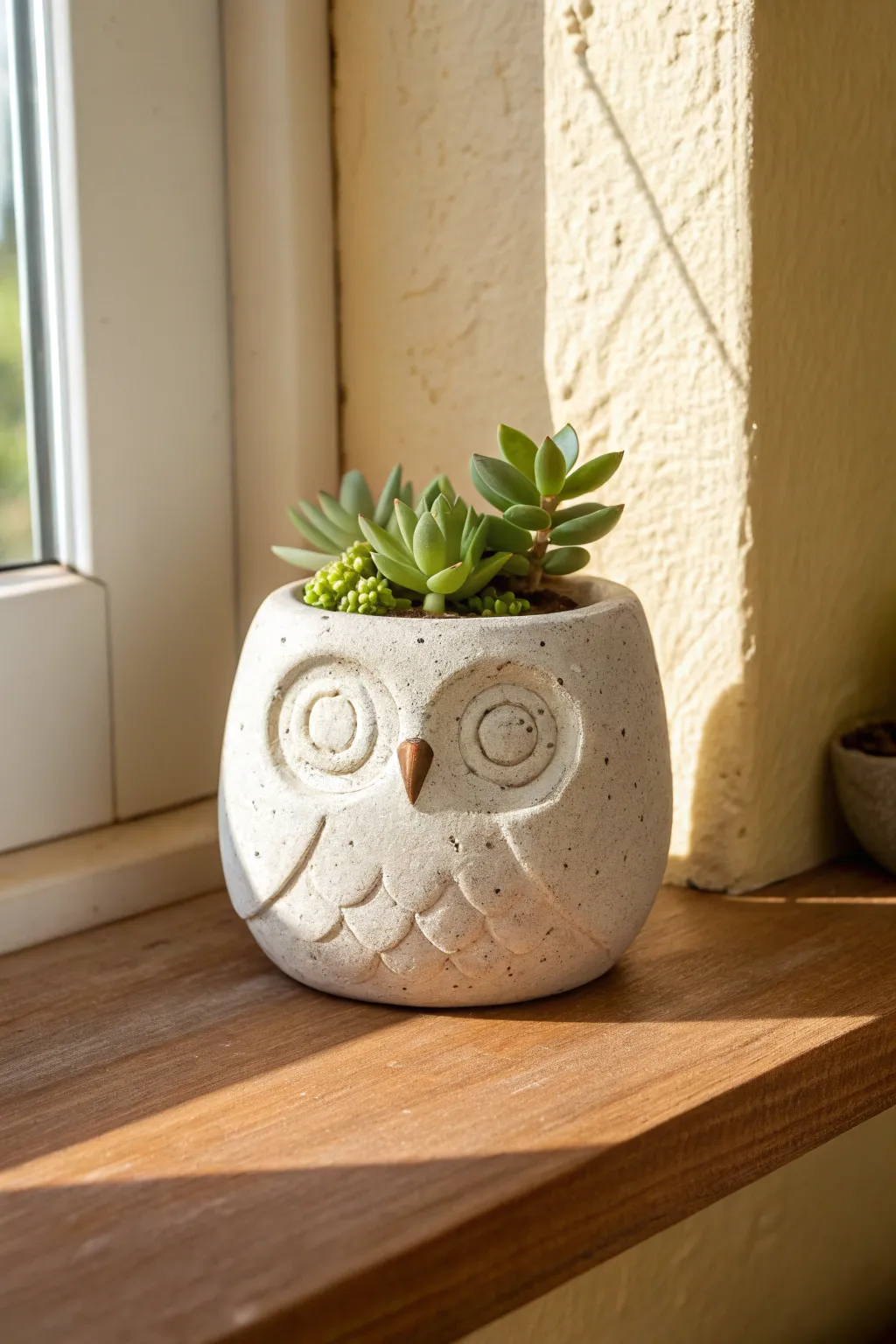 A sweet handmade owl pinch pot planter with a tiny succulent, styled in calm Nordic neutrals.