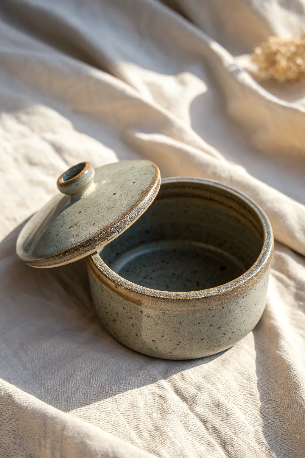 Minimal handbuilt lidded trinket box, slightly ajar, showcasing simple functional beauty.