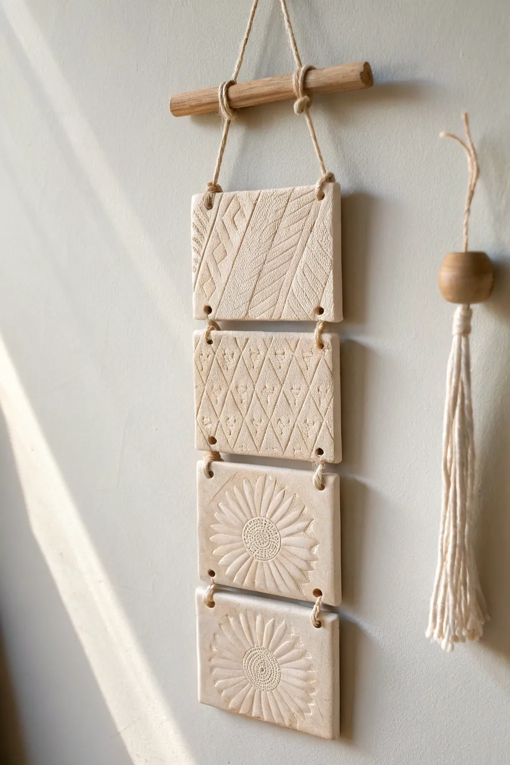 Simple boho clay wall hanging tiles with natural texture and soft minimalist shadows