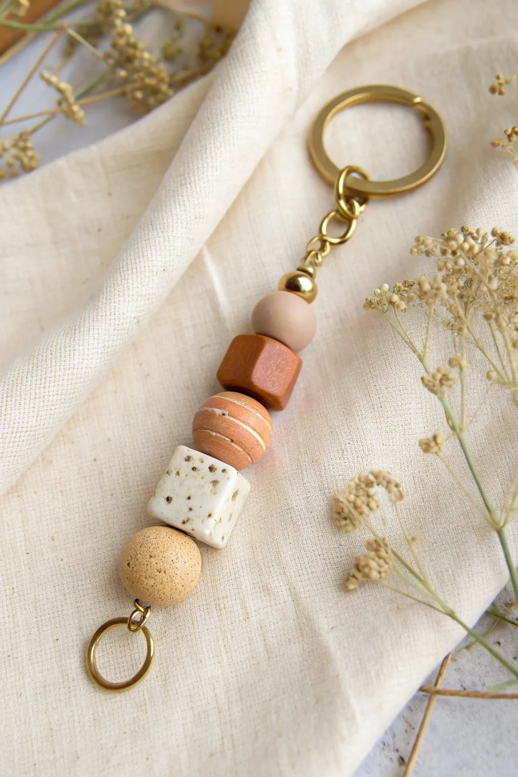 Chunky geometric polymer clay bead keychain in soft neutrals with a minimalist boho feel