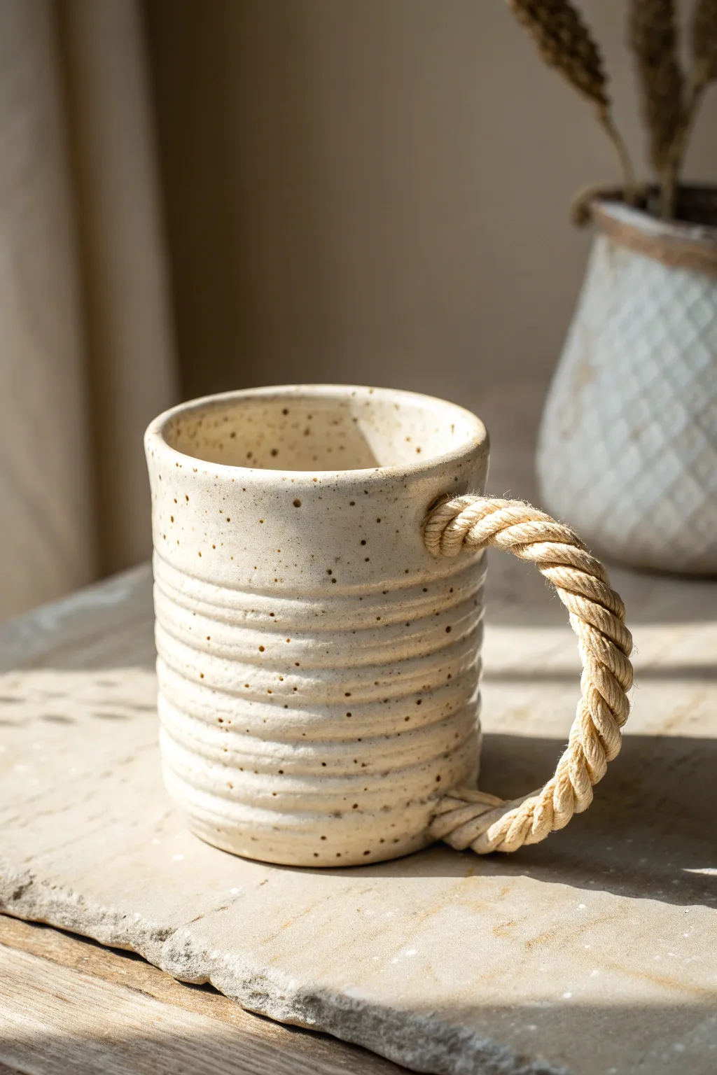 Twisted rope handle mug in creamy glaze, a simple handmade piece with cozy boho texture.