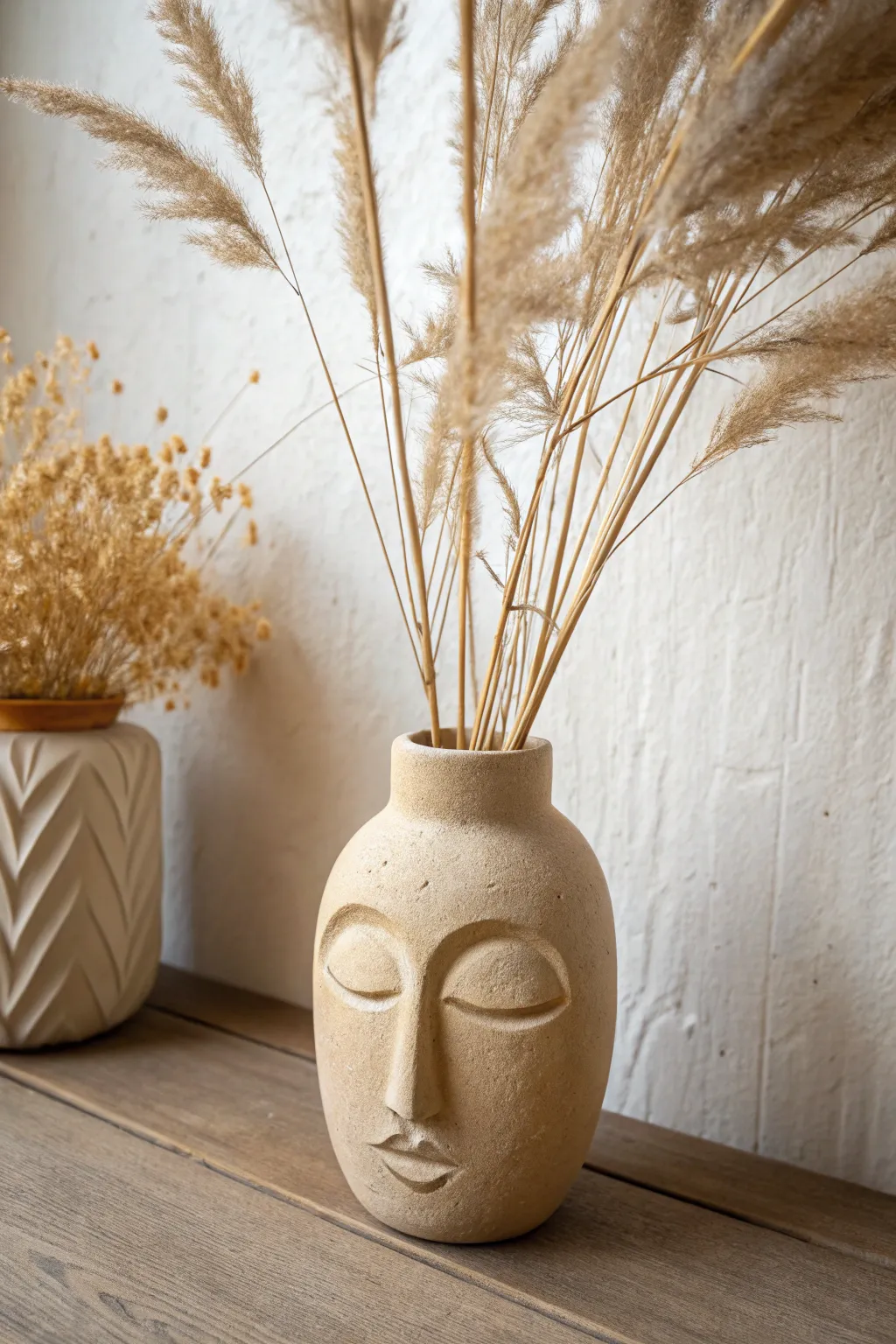 Playful sculpted face vase in warm neutrals, styled with dried grasses for a modern boho touch.