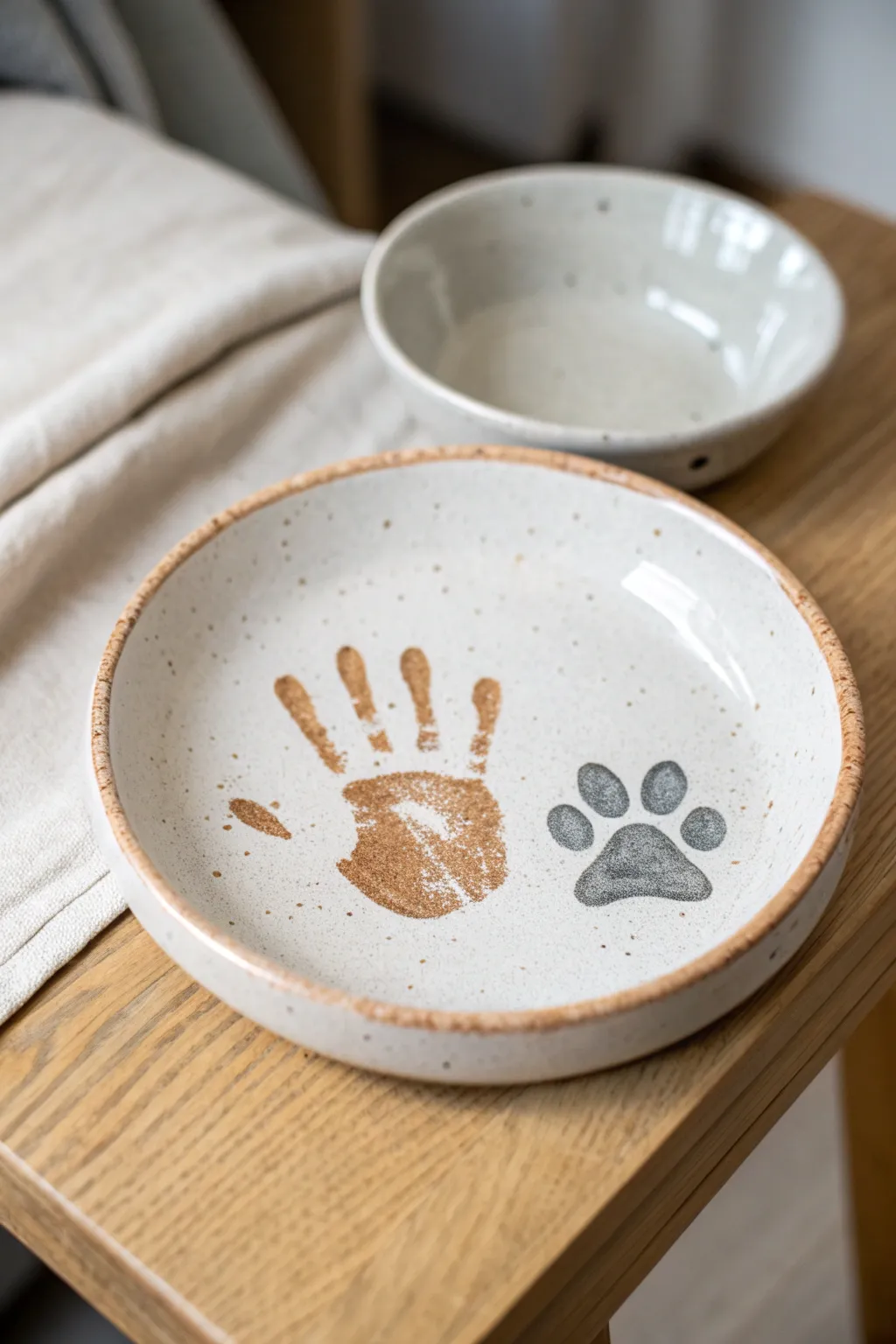 Sweet best-buddies keepsake plate featuring a child handprint and tiny pawprint in soft clay tones.