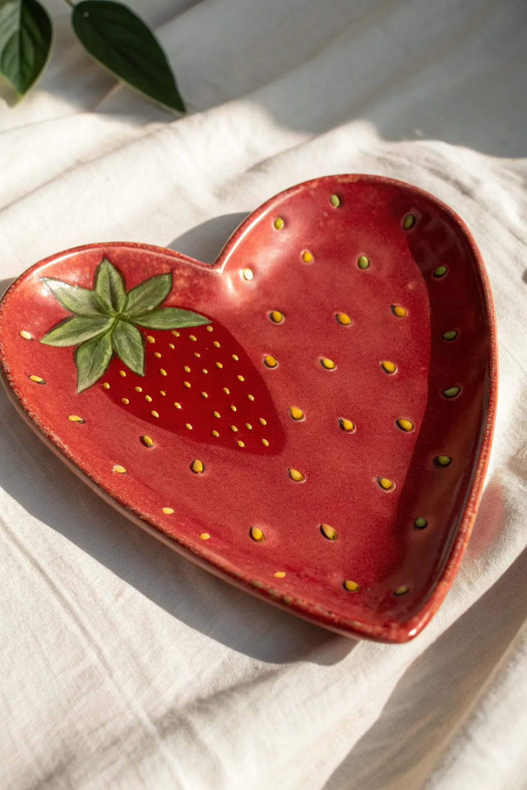 Sweet strawberry heart plate: rich red, tiny seed dots, and a simple leafy green top.