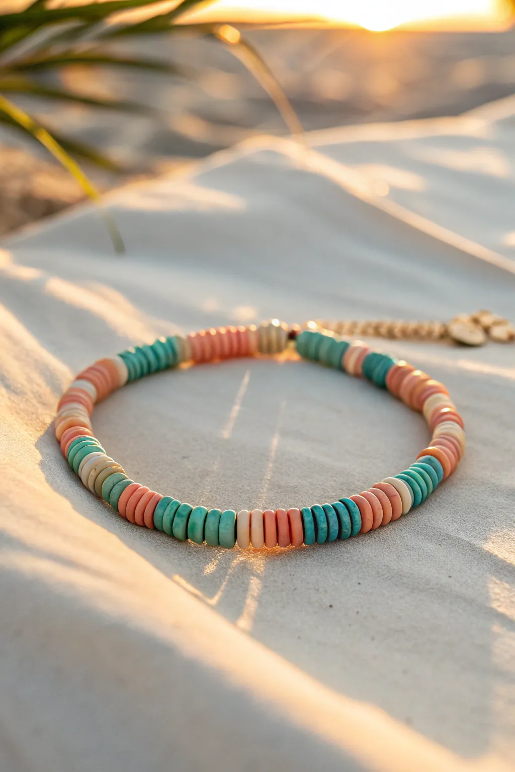 Sunset to sea heishi clay bracelet in warm light, minimalist styling and dreamy color fade