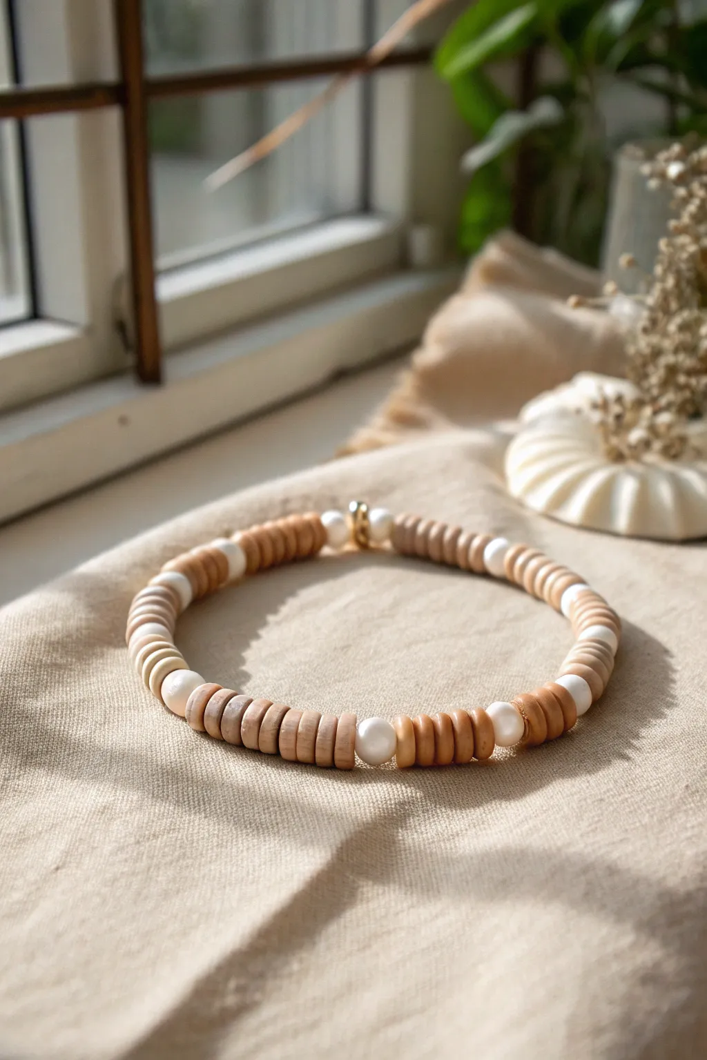 Pearl-like accents meet neutral heishi stacks for a soft, minimal bracelet with warm contrast.