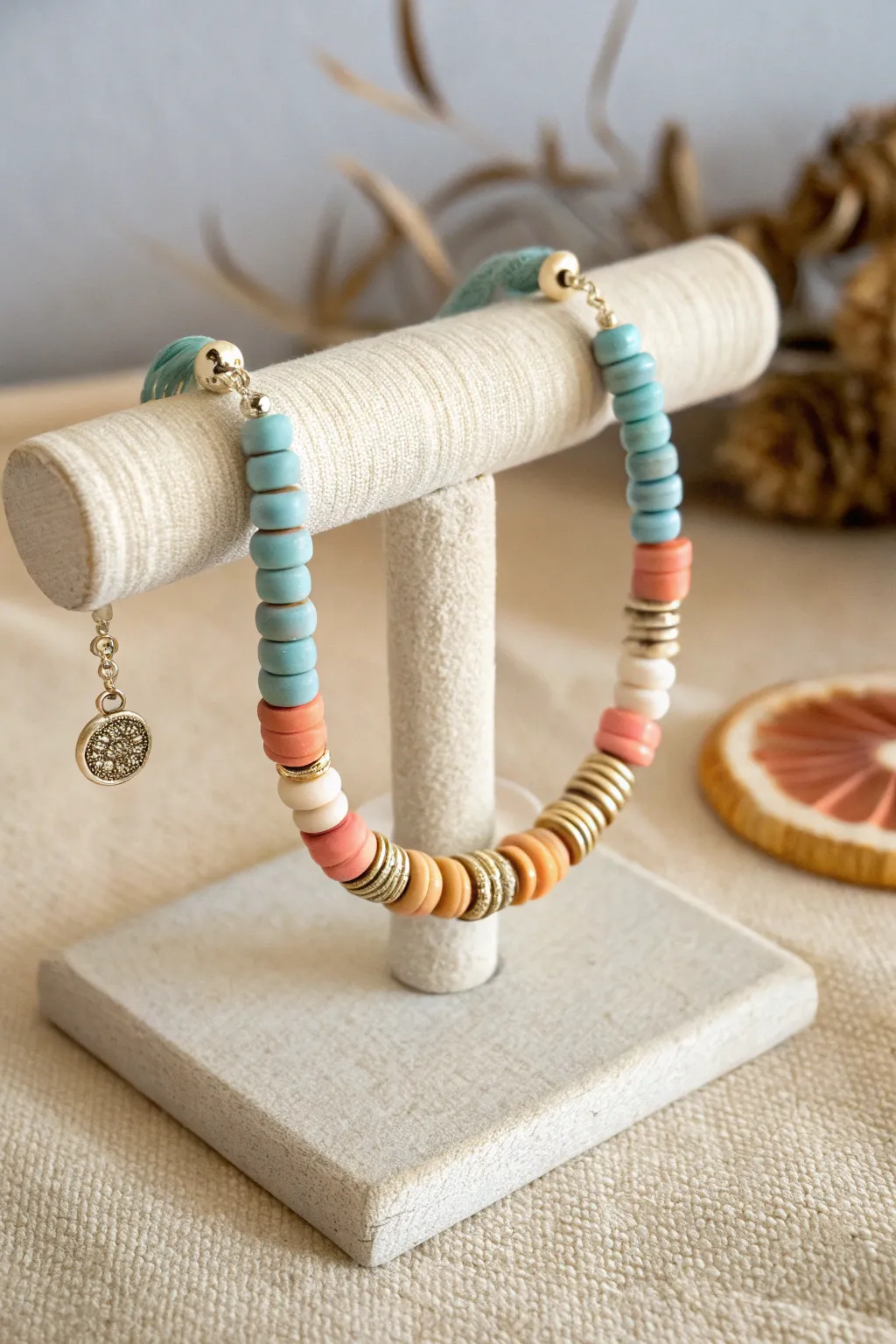 Half-and-half heishi bracelet palette, split by one sleek metal spacer for bold contrast.