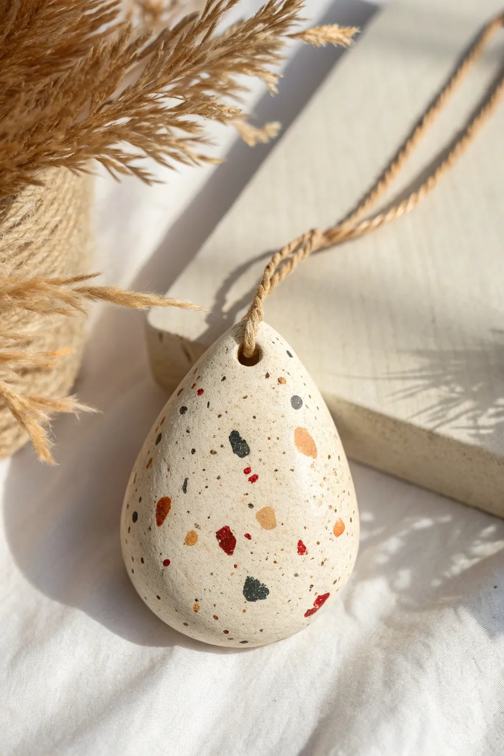 Terrazzo speckled clay drop ornament with a simple linen hanger for modern minimalist decor