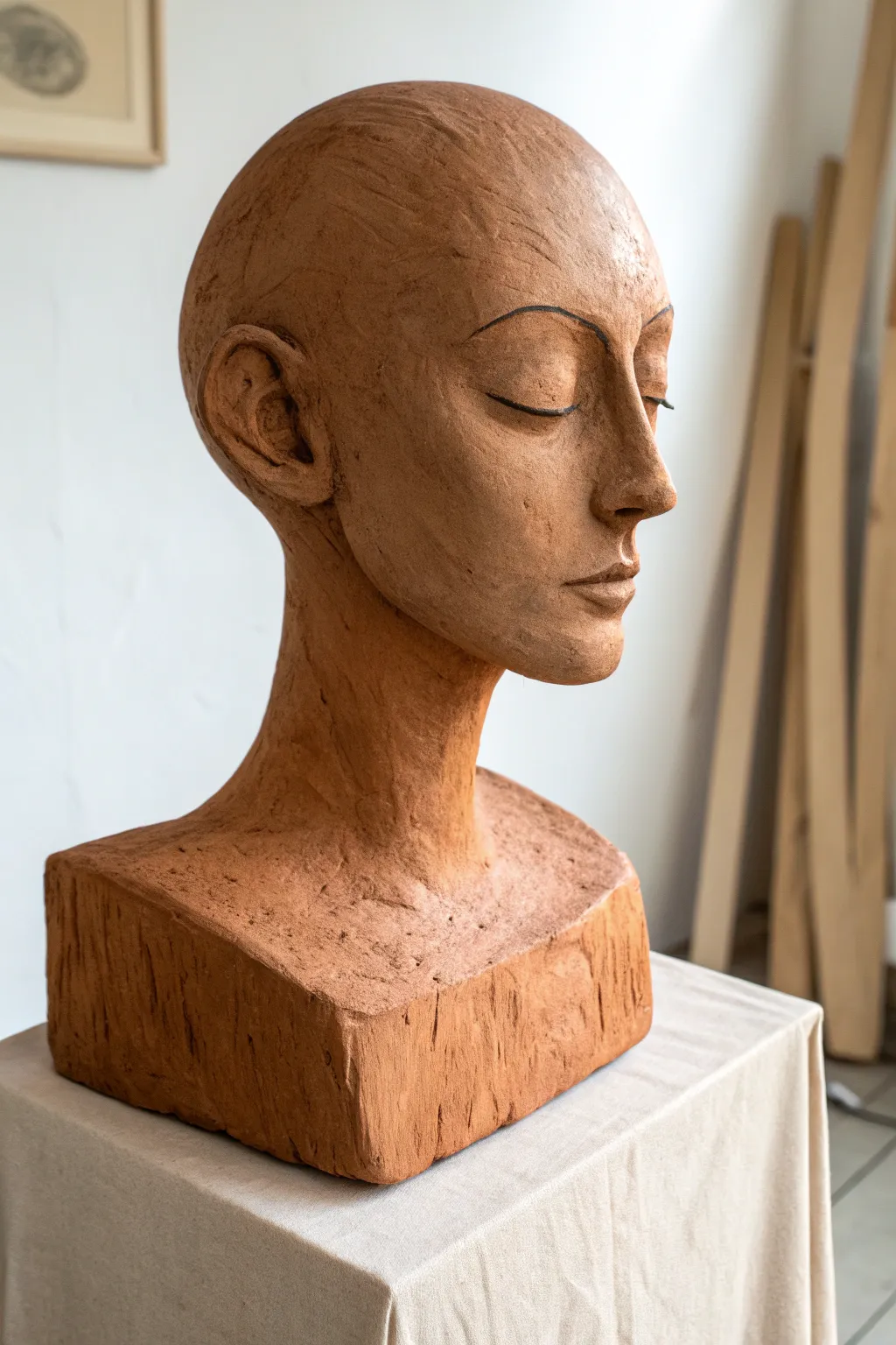 Texture speaks louder than features: a serene faceless clay bust with soft, soulful marks.