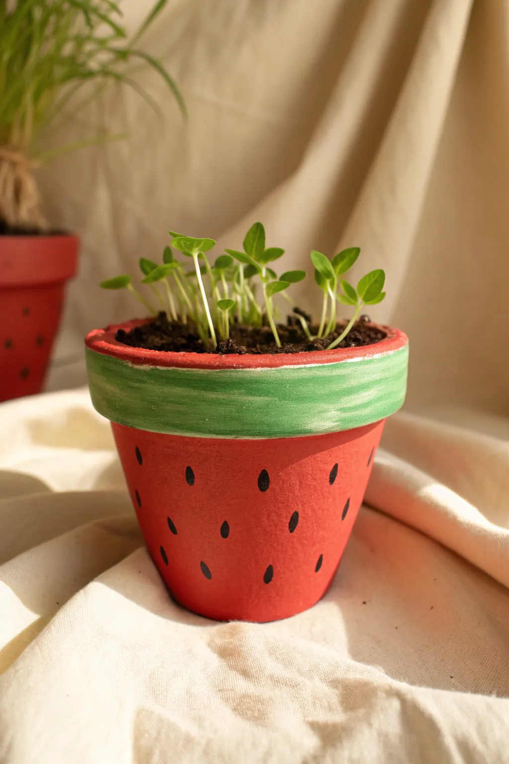 Watermelon slice painted clay pot with crisp green rim, bold red body, and simple seed dots