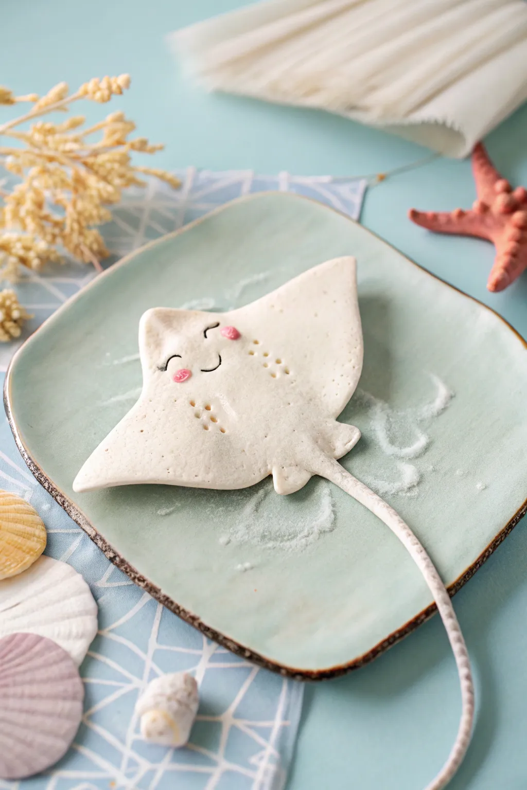 Beginner-friendly air dry clay stingray with a sweet face on a calm ocean-blue backdrop
