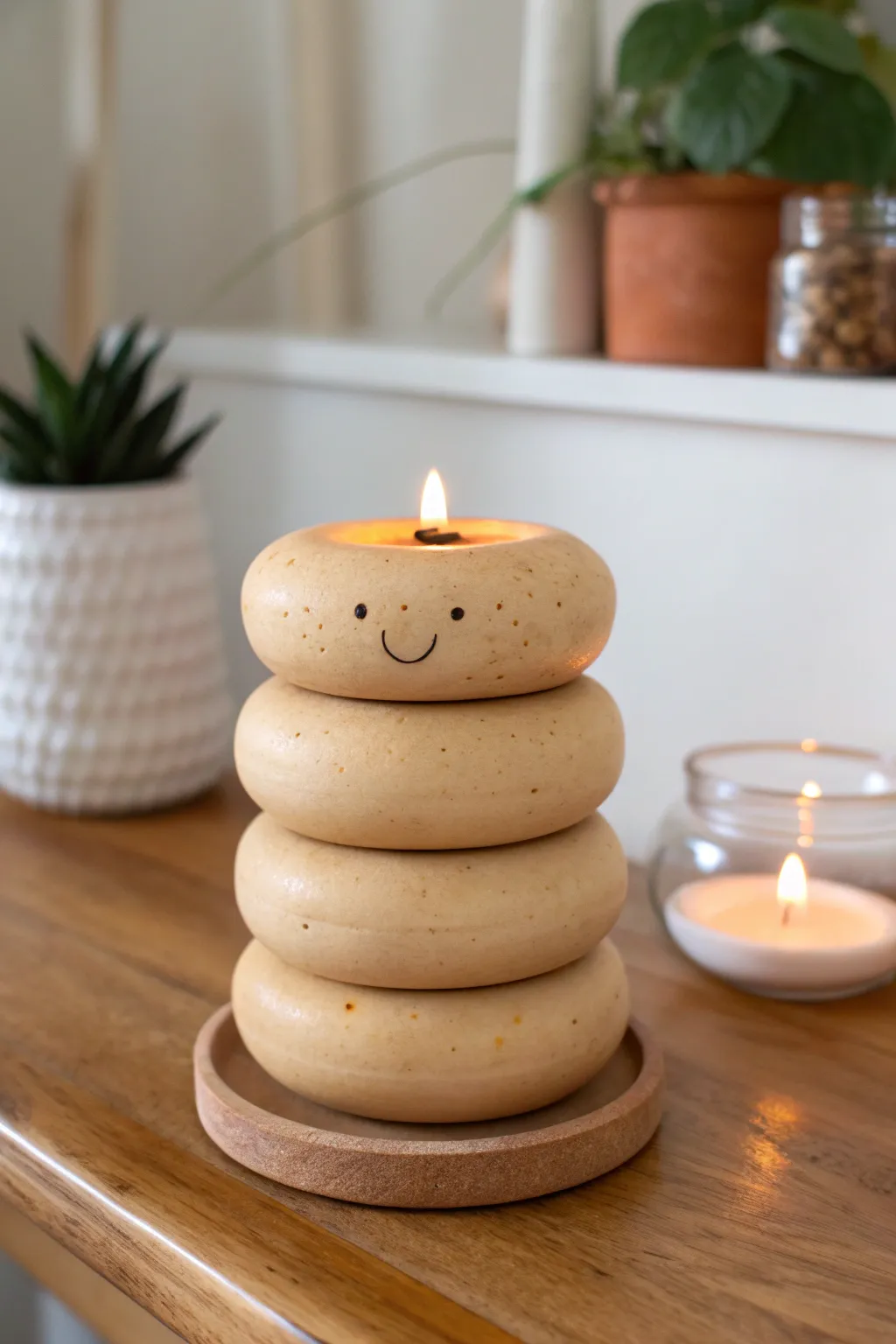 Cozy pancake stack tealight holder in warm clay tones, minimalist boho charm for your table.