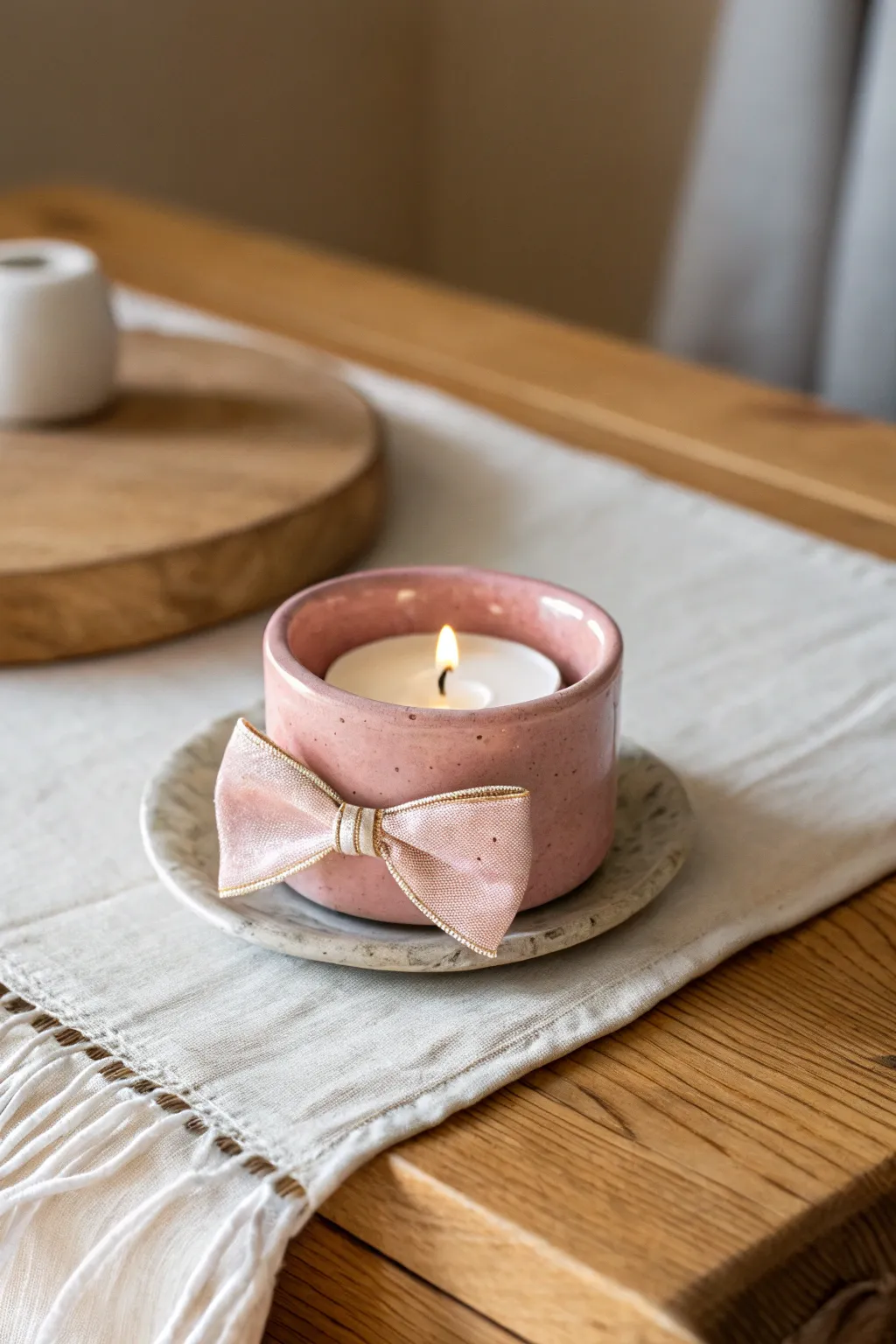 Glossy pink bow mini candle holder with a short candle, minimalist Scandinavian boho styling