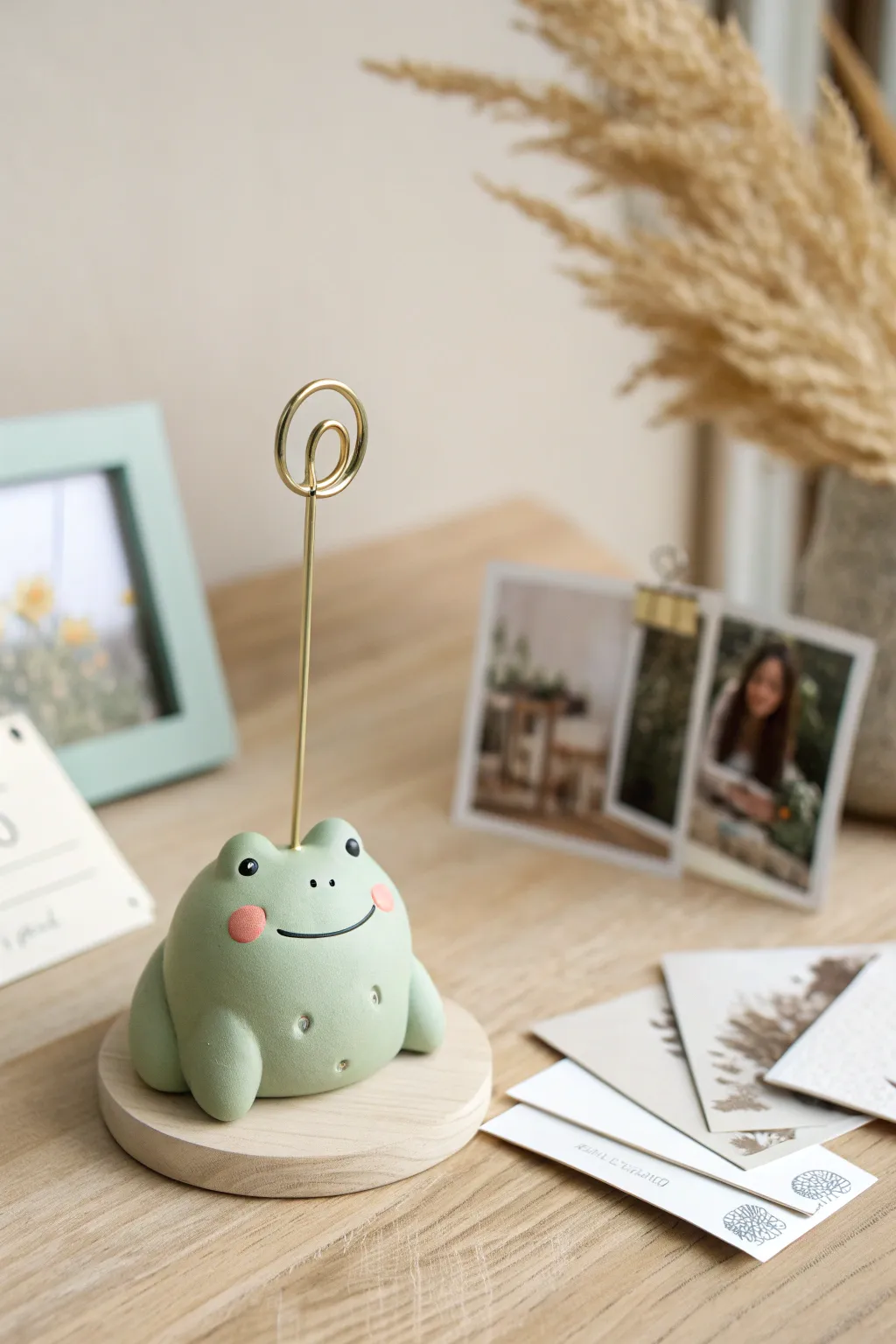 Tiny clay frog photo holder for your desk, minimalist and cute with warm natural Scandinavian vibes