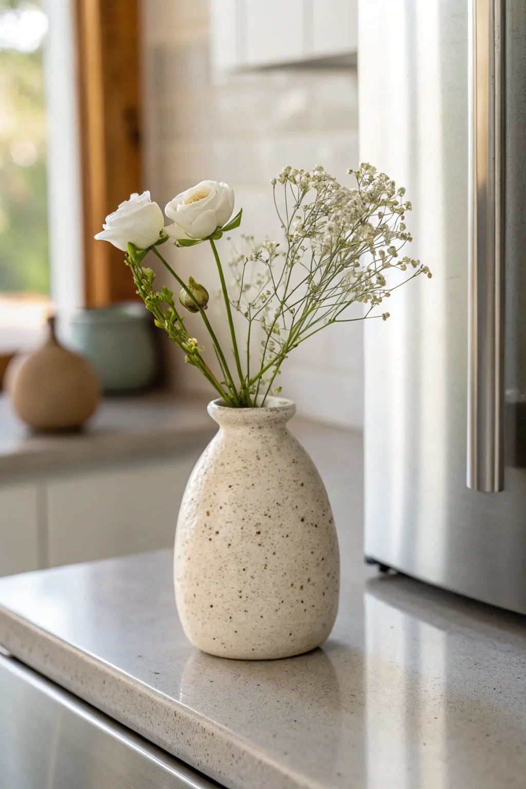 Mini magnet vase in handmade clay, holding one simple bloom, bright Scandinavian boho mood.
