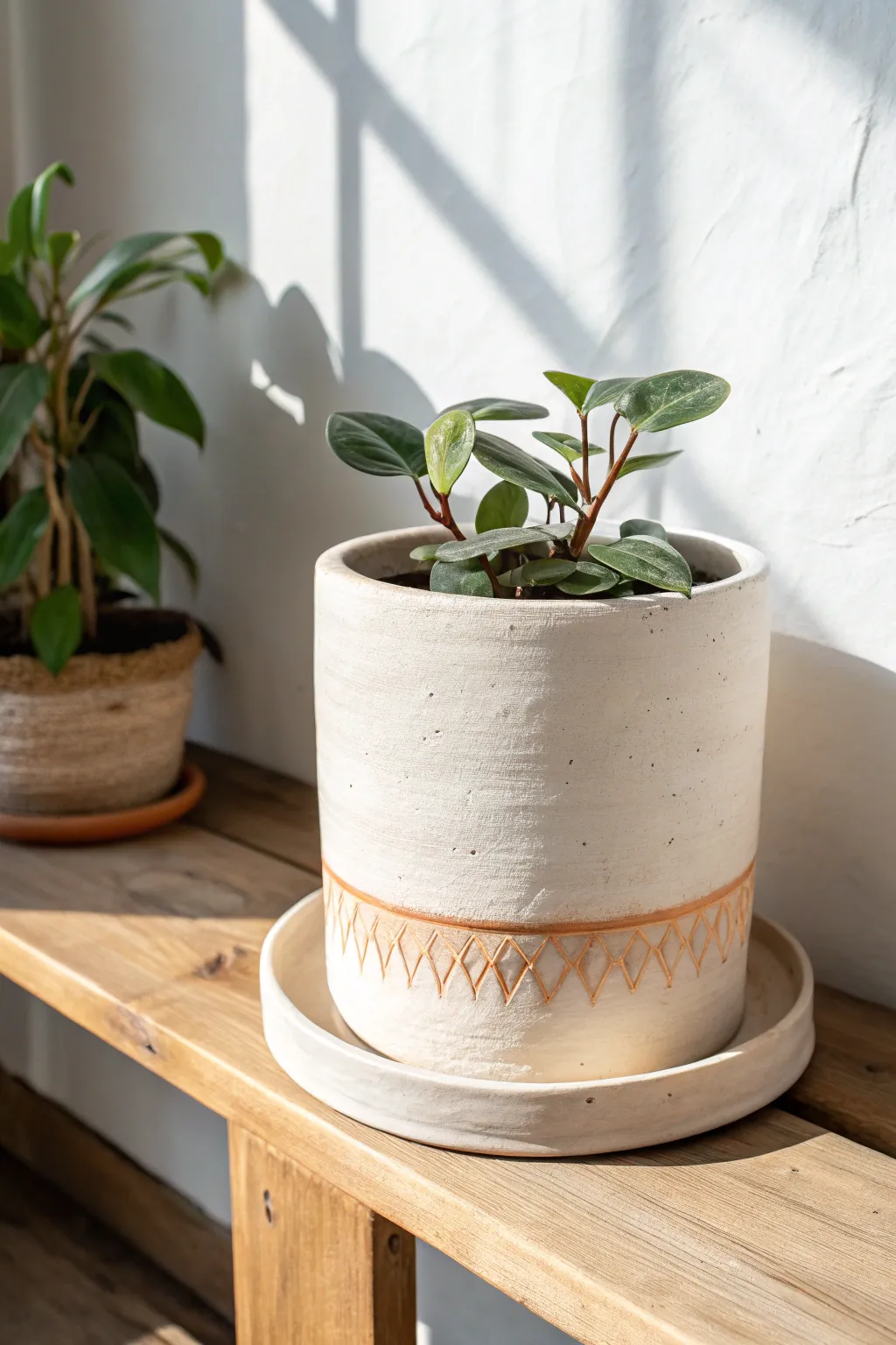 Textured air-dry clay pot cover on a sunny shelf, simple Scandinavian style with a boho touch