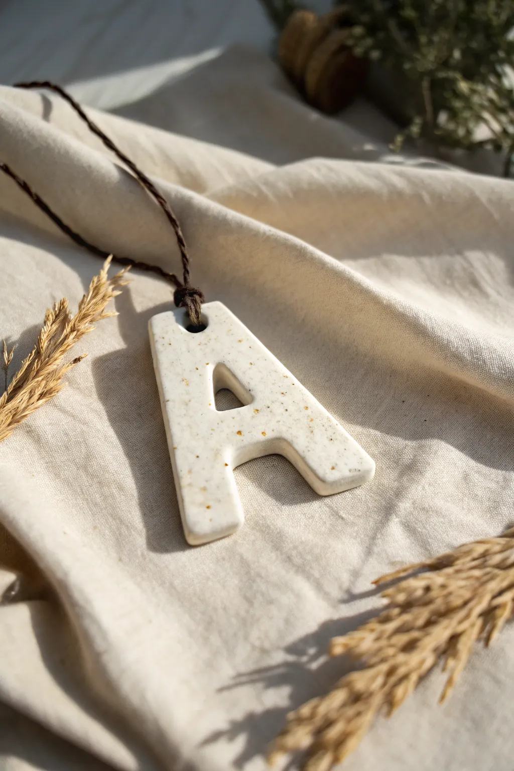 Minimal air dry clay letter ornament in soft neutrals, perfect for personalized decor