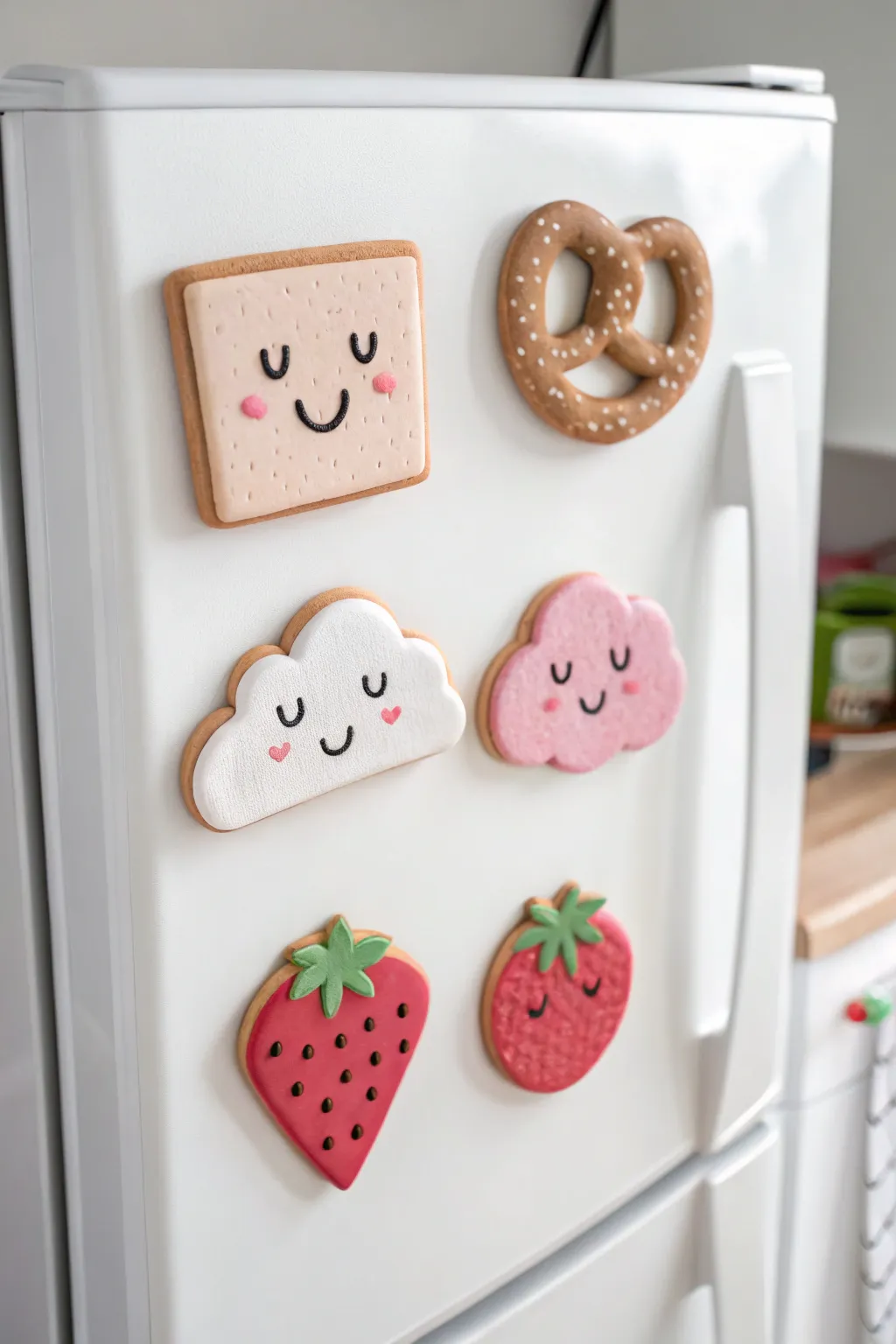 Cute smiley snack clay magnets in a tidy minimalist set, perfect for a cozy Scandi kitchen