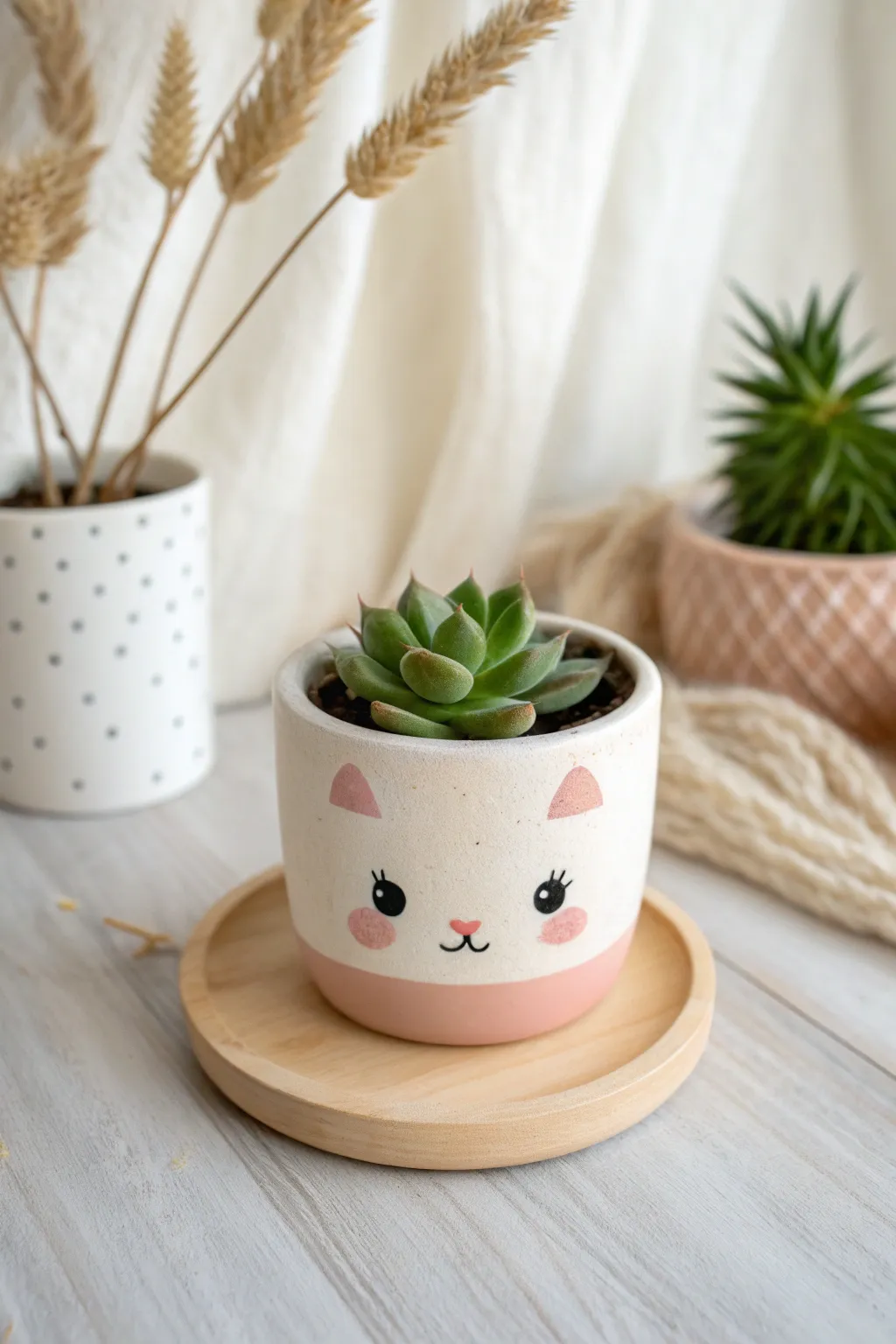 Mini kawaii cat planter cover in pastel clay with a tiny succulent peeking out, cozy minimalist vibes.