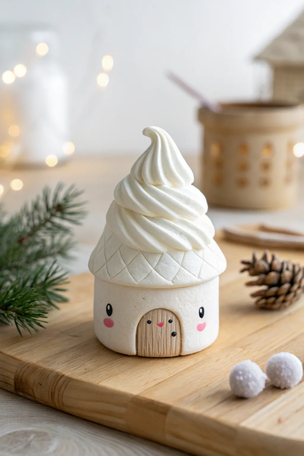 Soft-serve snow clay topper with a kawaii face, minimalist Scandinavian Christmas charm