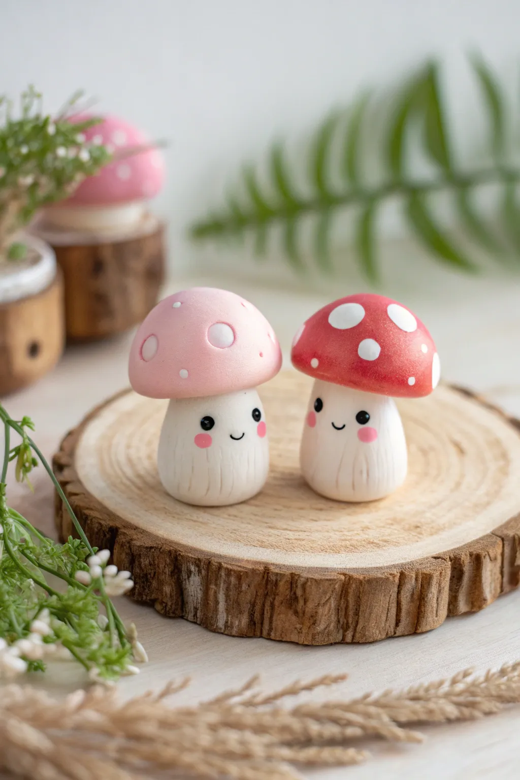 Two chibi mushroom friends in pink and red, a sweet kawaii clay duo for minimalist decor.