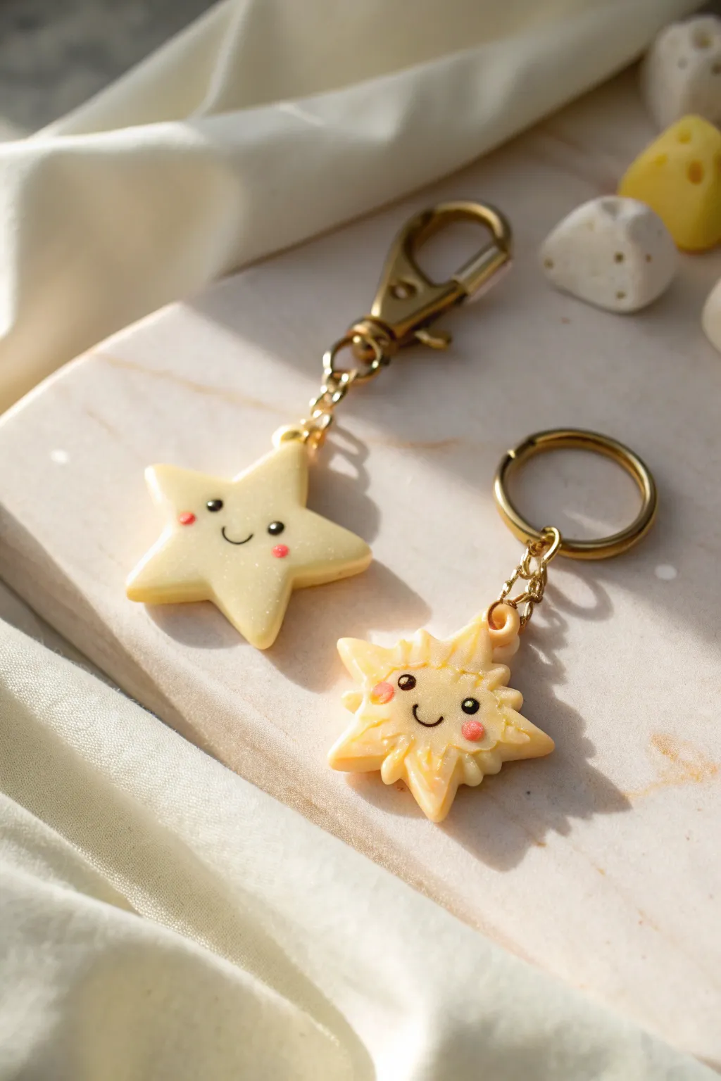 Sweet star and sun kawaii charms in pastel clay, perfect minimalist boho bag tag accents.
