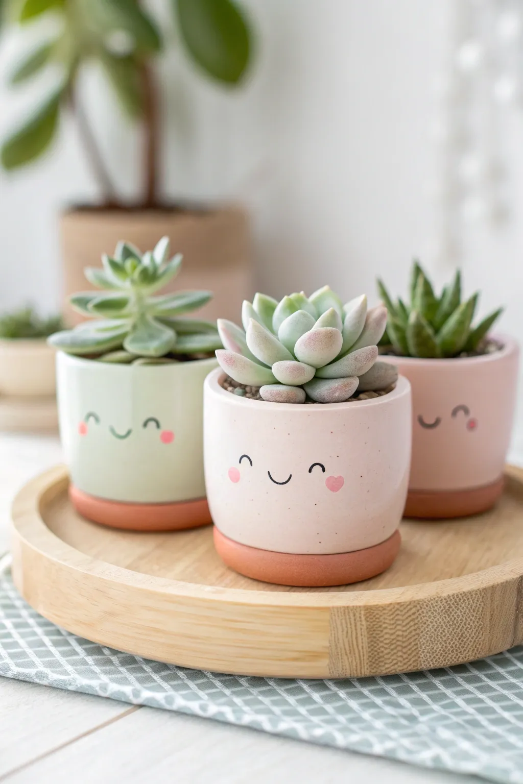 Mini kawaii polymer clay planters with happy succulents in soft pastels for a cozy shelf vibe