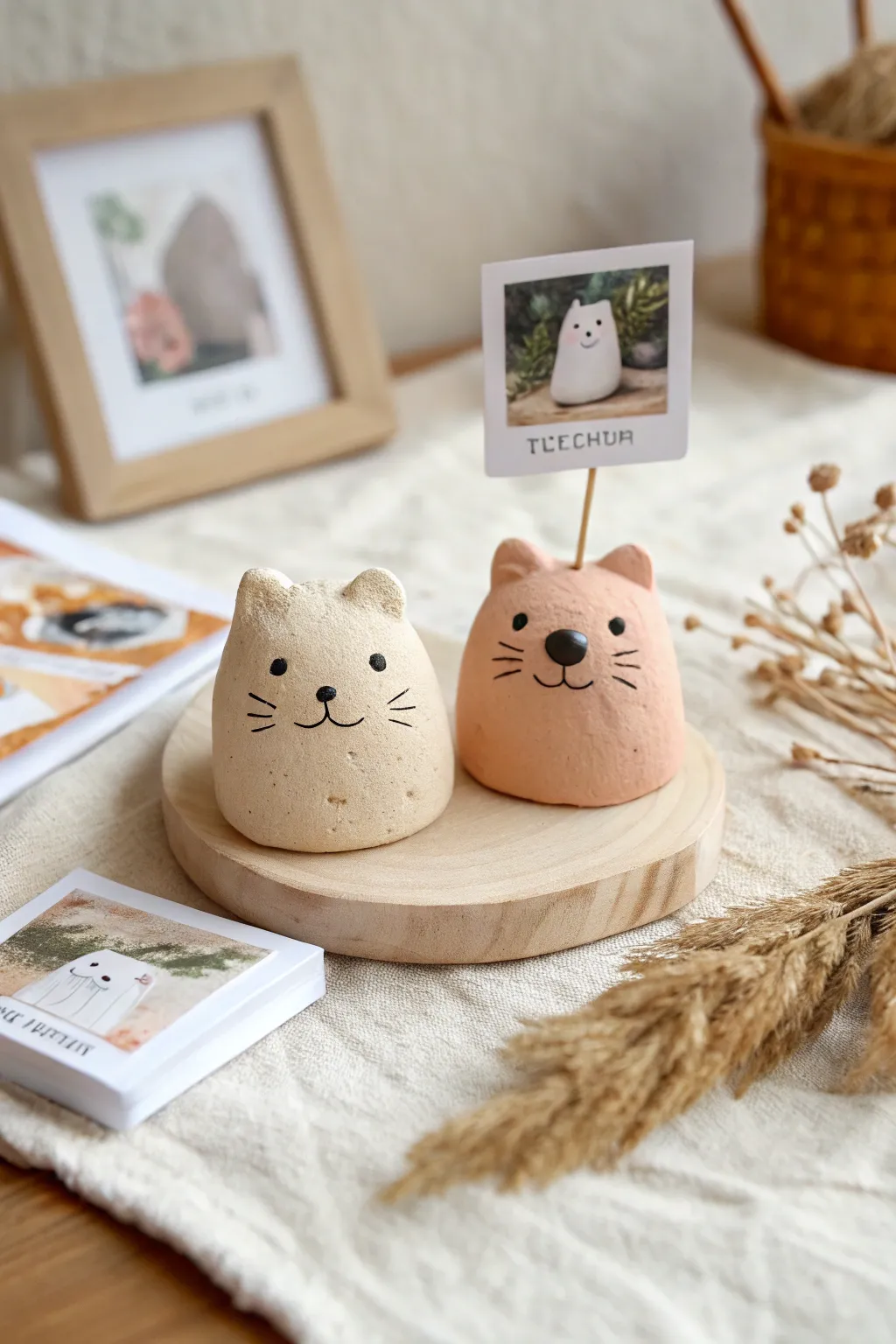 Easy air dry clay cat and bear photo holders with blank cards, cute minimalist decor kids can make.