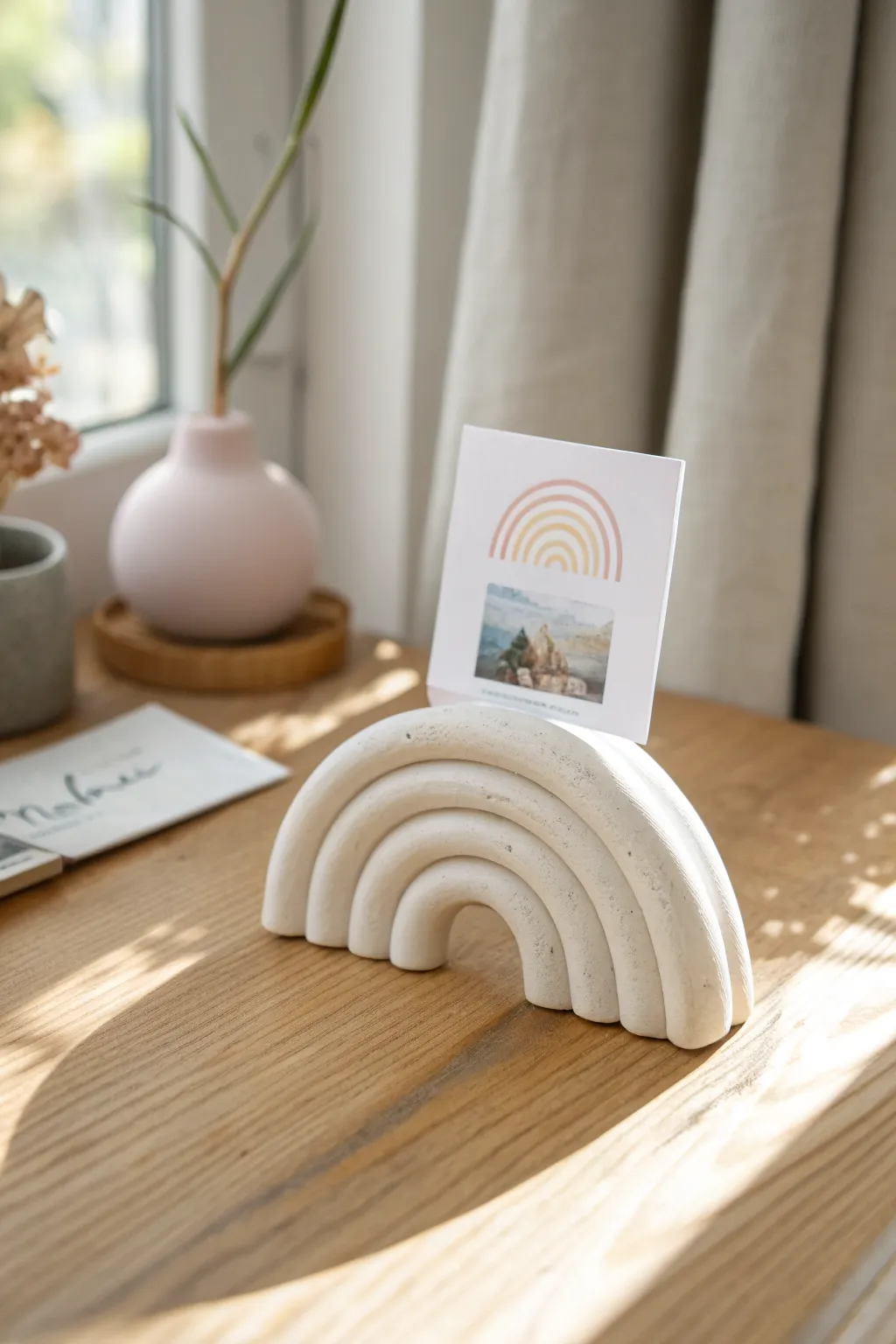 Chunky air-dry clay spiral stand to hold a photo or place card, easy and kid-friendly.