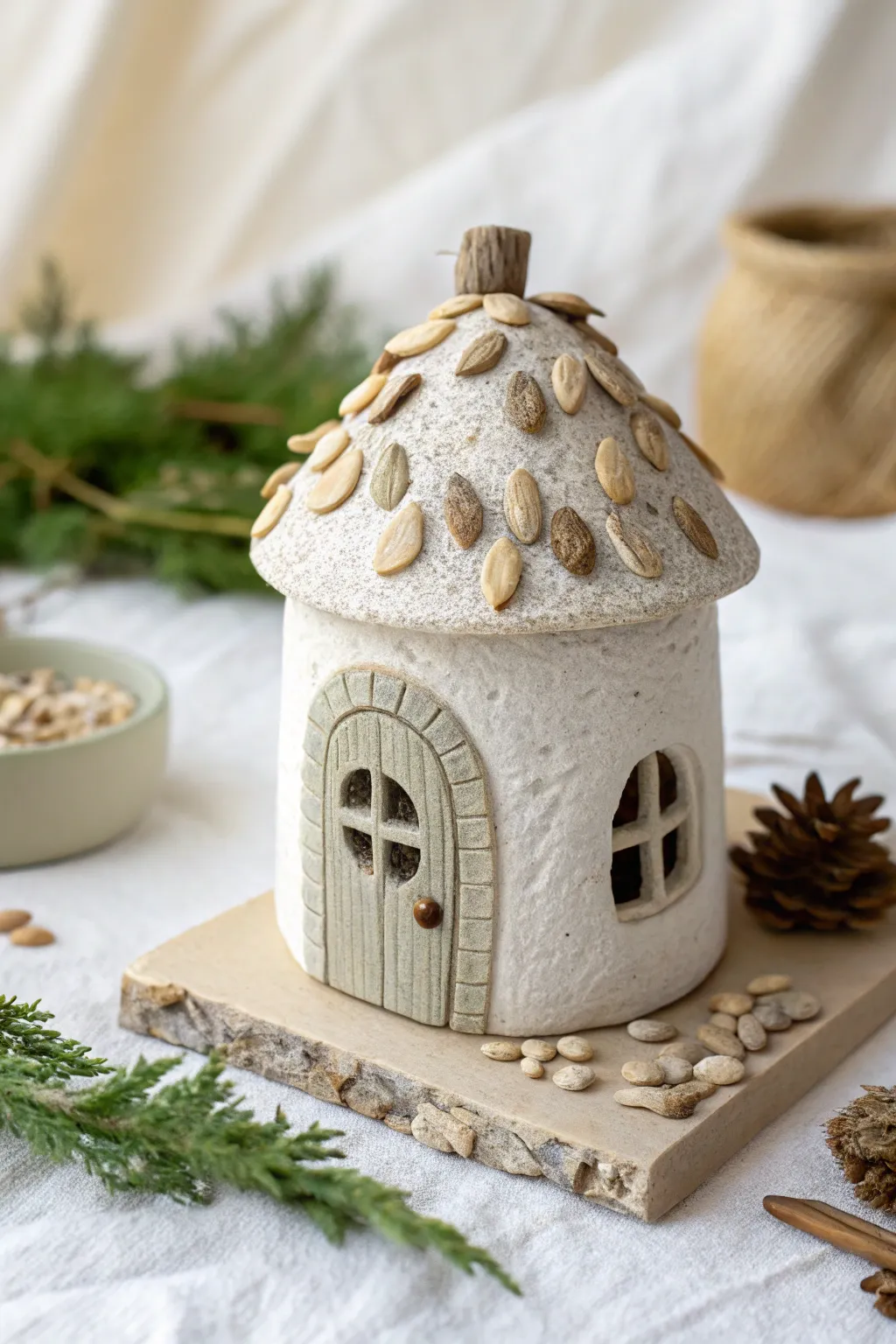 Simple air-dry clay fairy house with pebbles and seeds, a cozy nature-inspired kids project