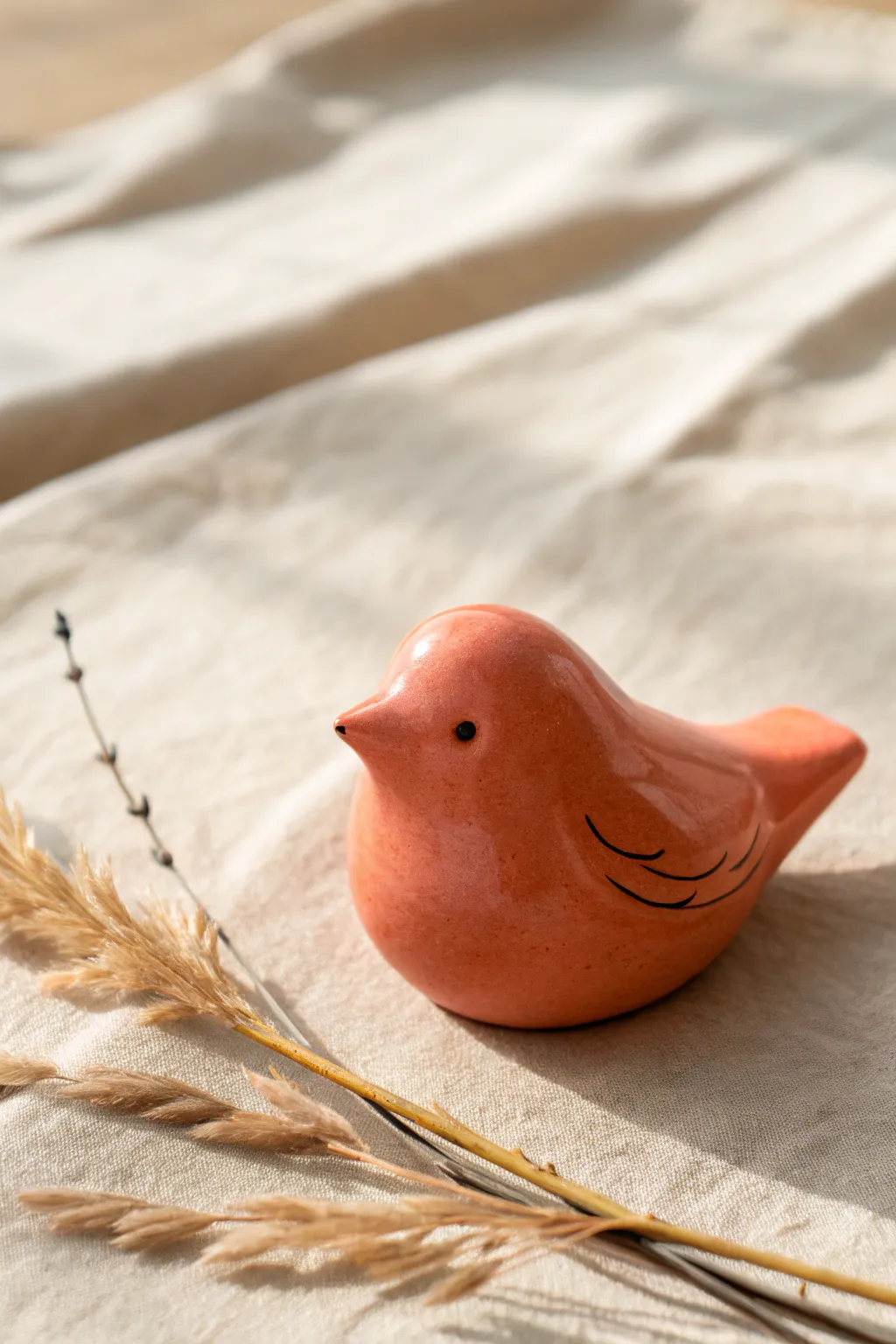 Cute kiln-fired bird whistle in a bright solid glaze, styled minimal on neutral linen