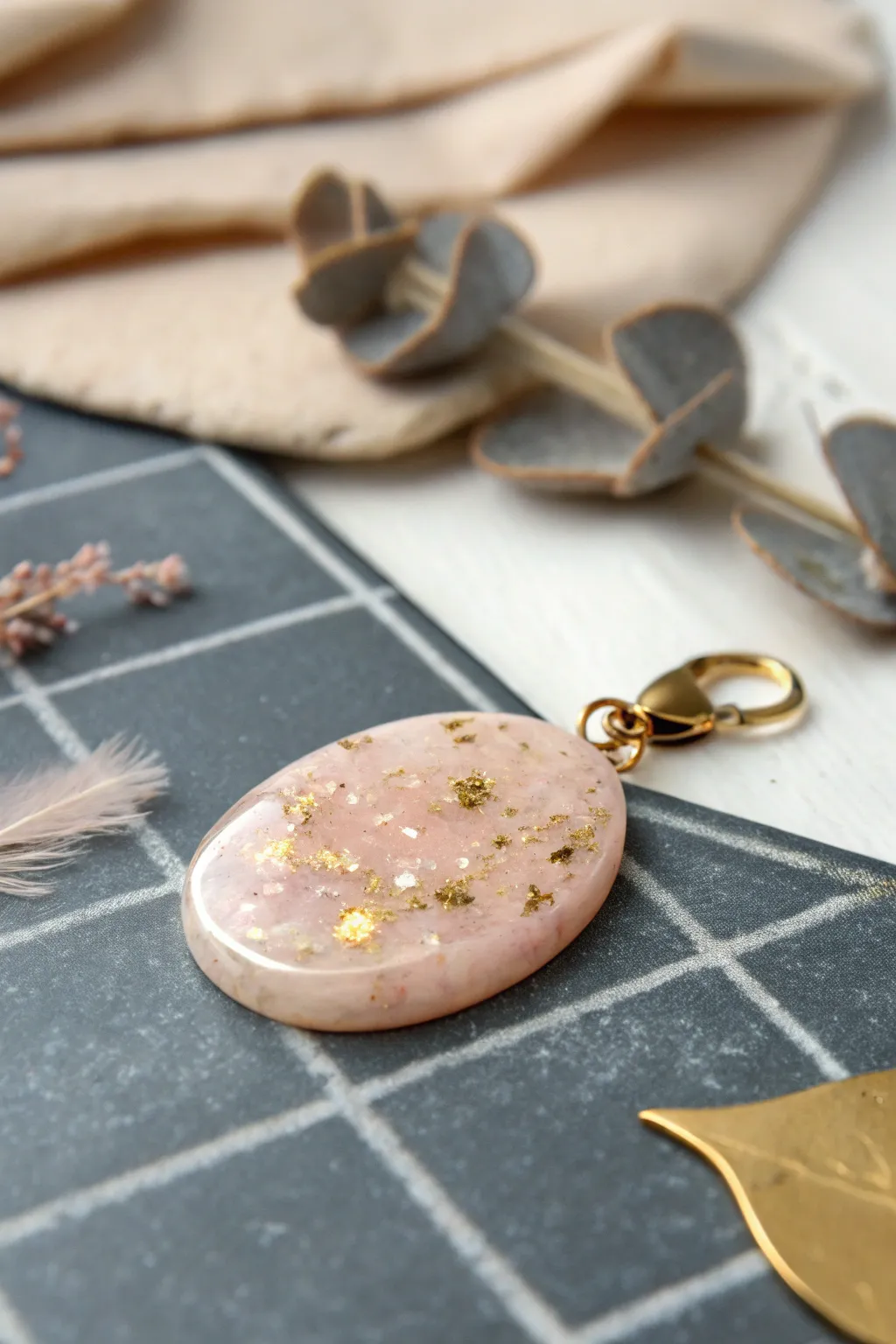 Blush liquid polymer clay charm with suspended glitter, gold foil flakes, and soft mica shimmer.