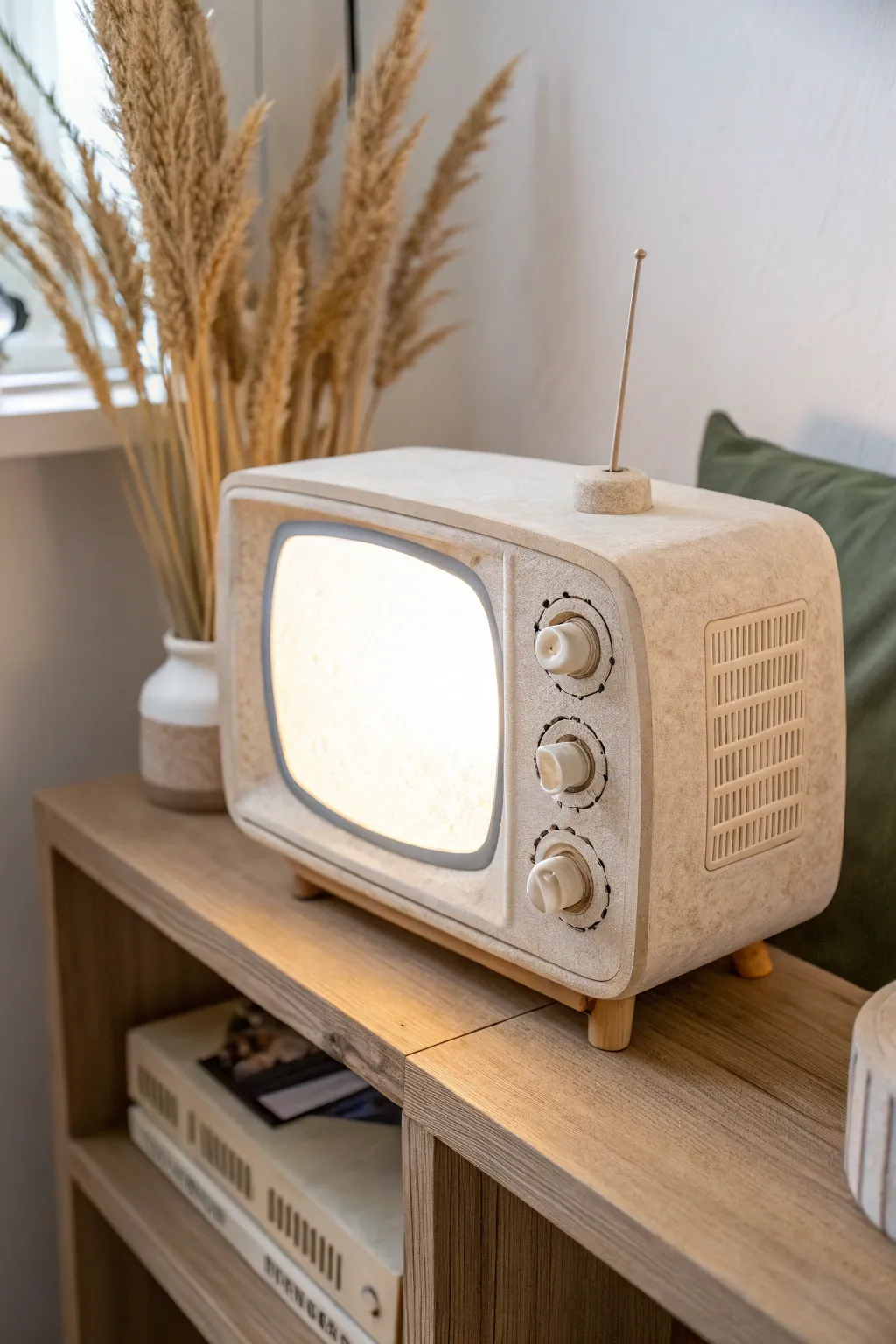 Retro TV-inspired ceramic lithophane lamp with a warm glowing screen, styled in calm neutrals.
