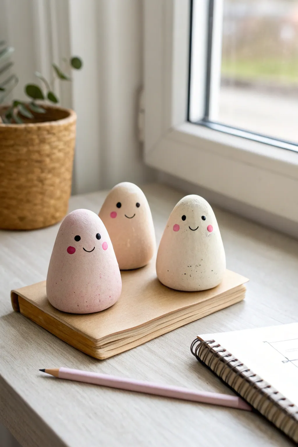 Three tiny rosy-cheeked clay desk buddies bring minimal boho charm to your workspace.