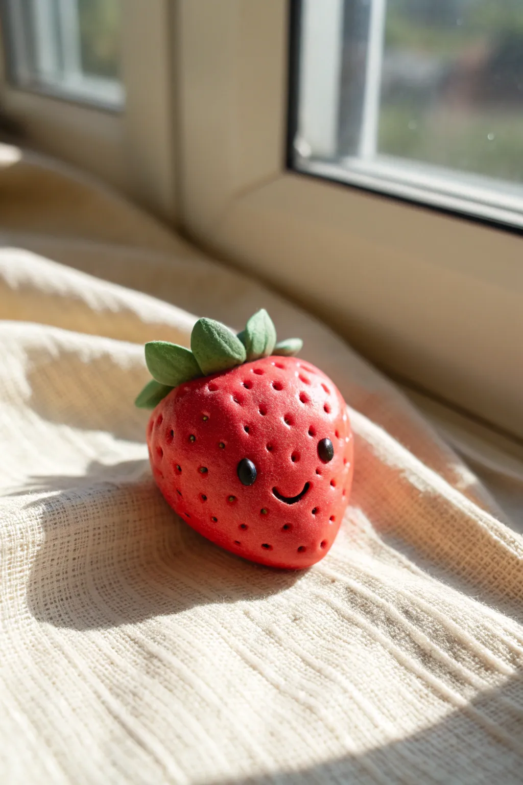 Sweet little clay strawberry figure with dotted seeds and a tiny face, minimalist and cute