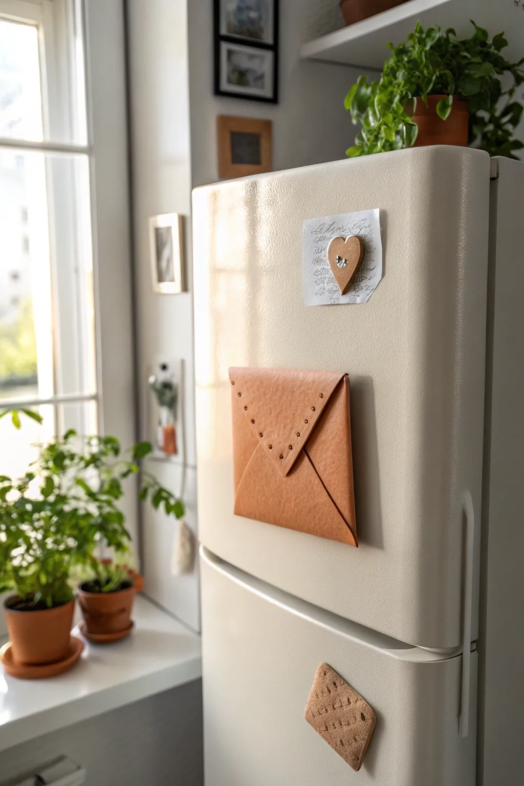Mini clay envelope magnets with tiny hearts, styled like mail on a neutral fridge, simple and sweet.