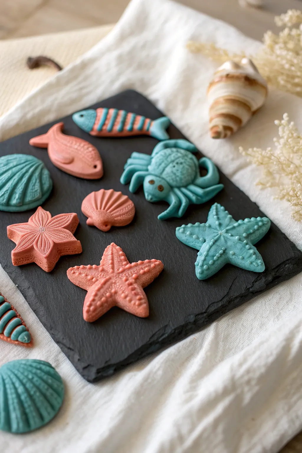 Tiny clay sea creature magnets in bold seaside hues, a sweet minimalist set for your fridge.