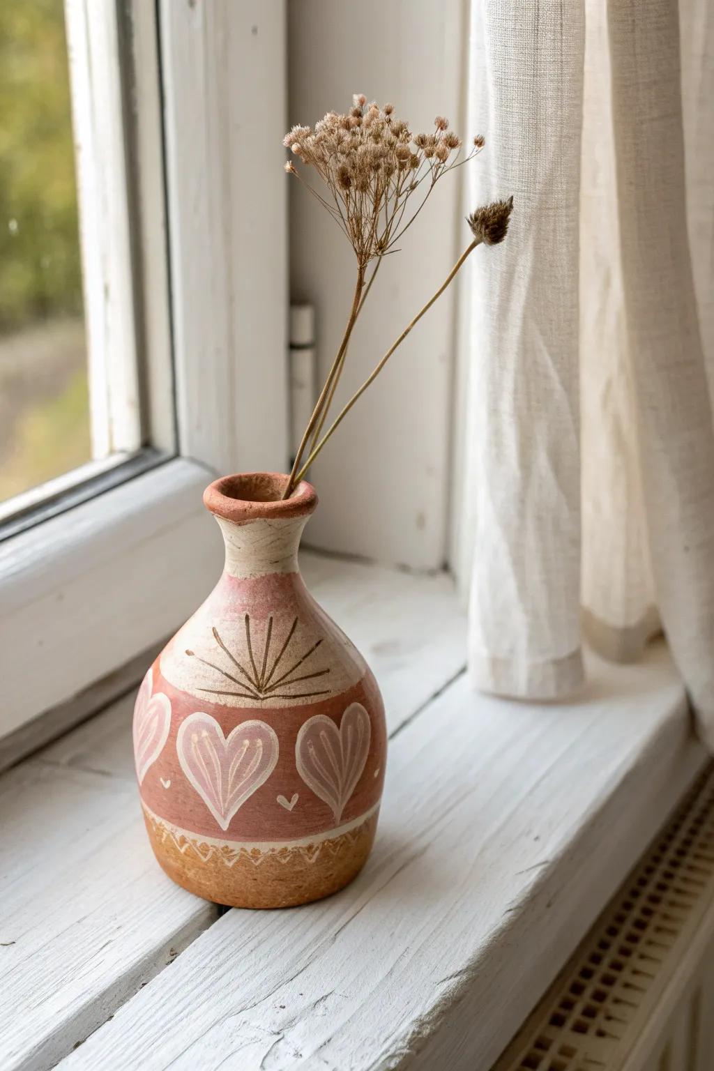 Tiny Love Potion bud vase with a heart detail, softly lit on a windowsill with one dried stem