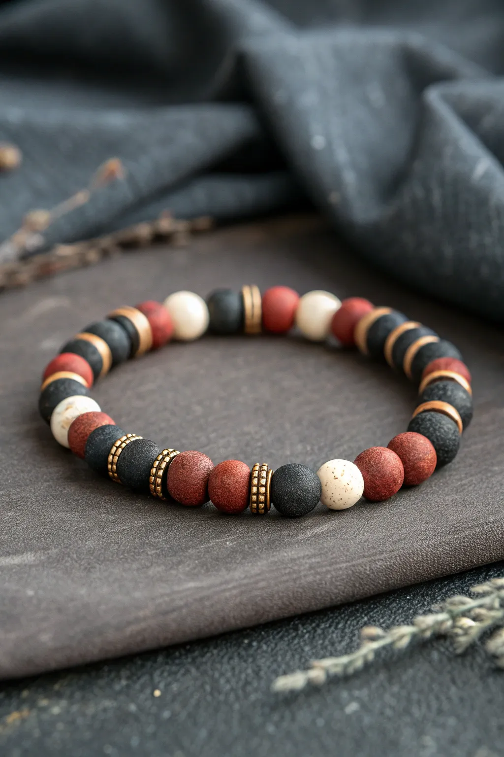 Jersey-inspired clay bead bracelet with bold banded stripes in black, off-white, and oxblood.
