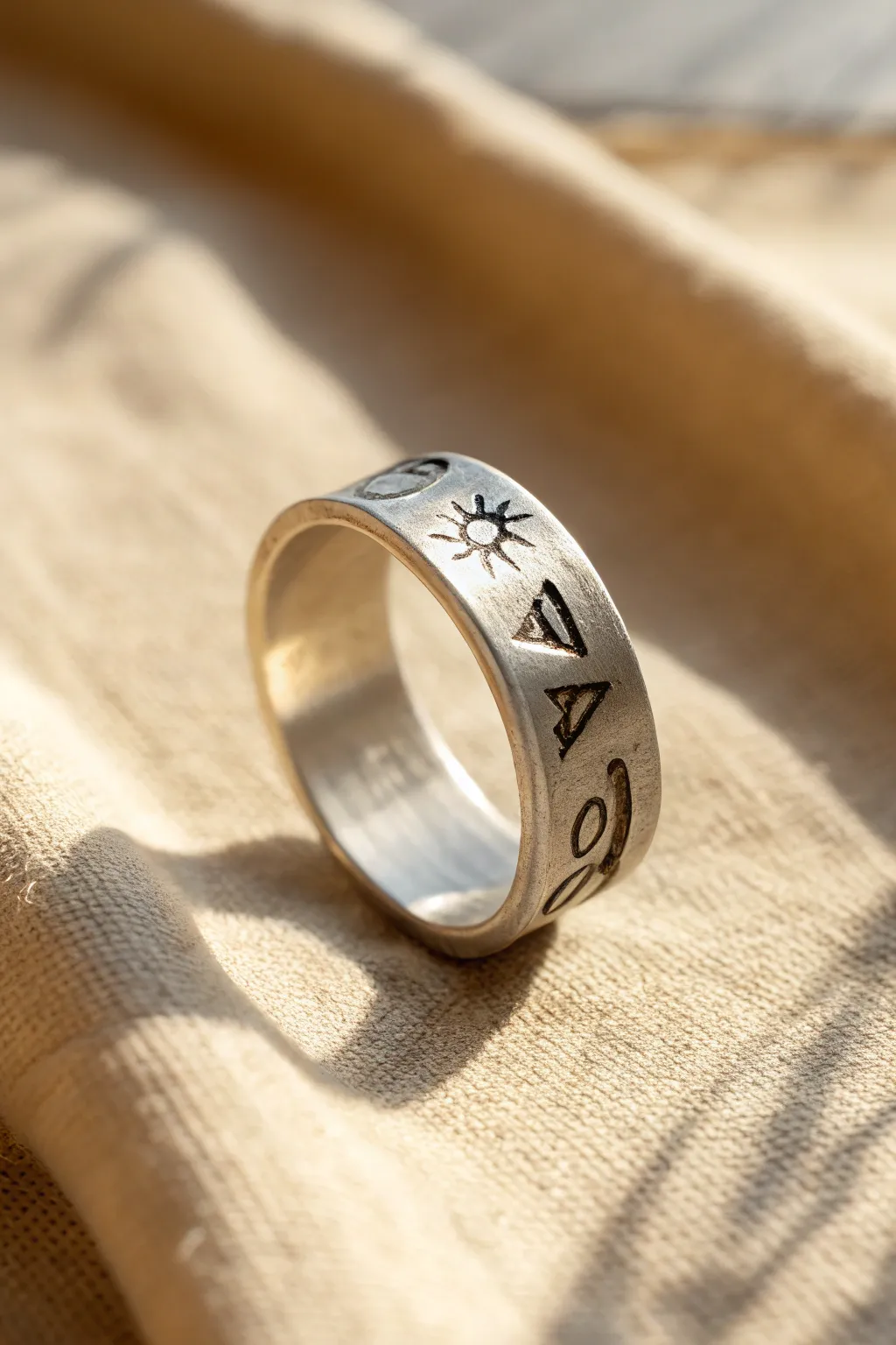 Minimal metal clay band ring with softly darkened script impressions, clean Nordic boho styling