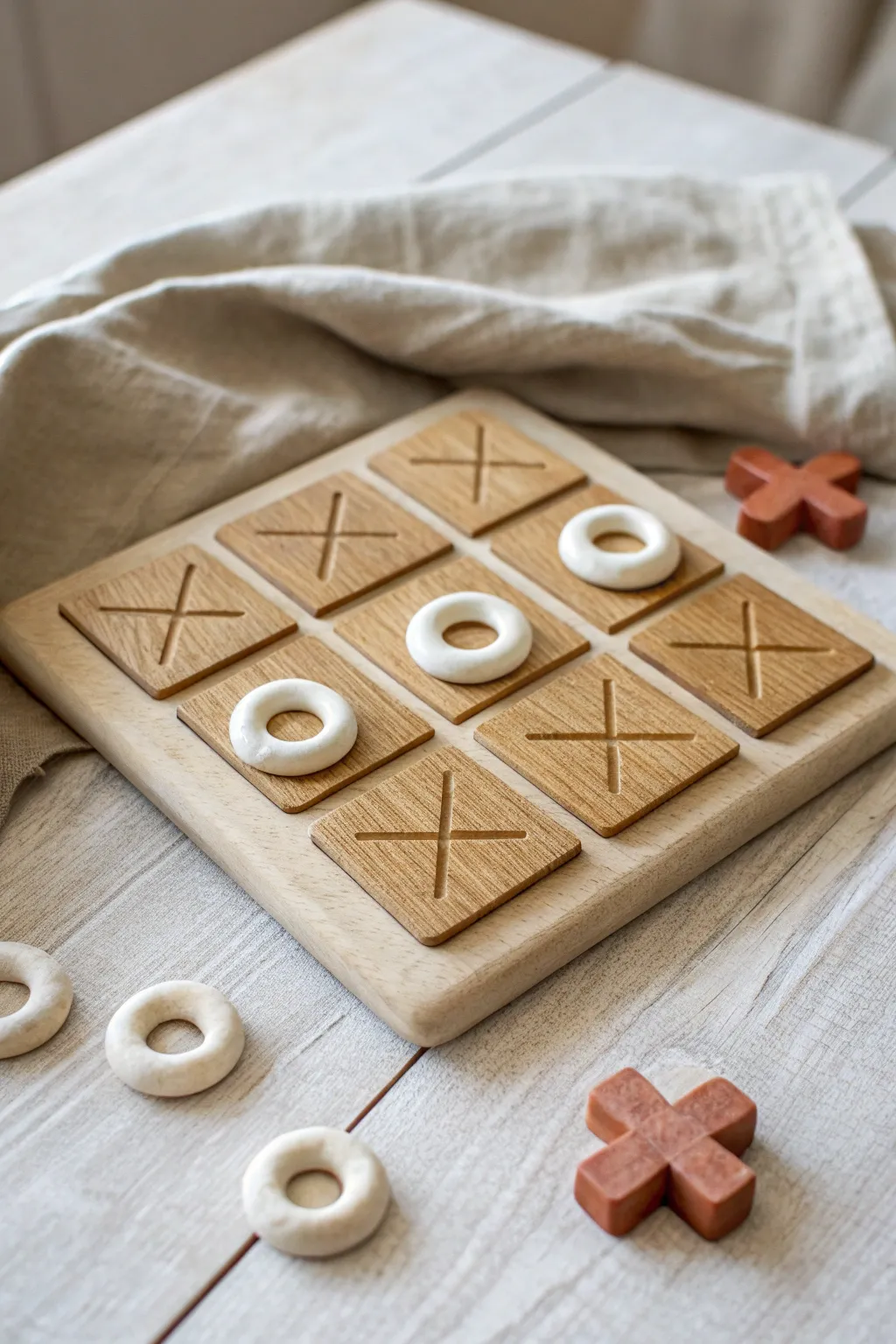 Minimalist clay tic-tac-toe set for middle school, with a carved slab board and chunky pieces