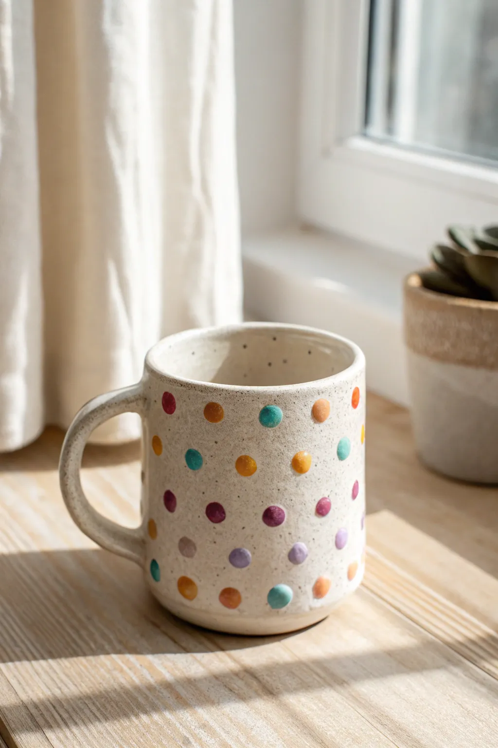 Raised polka dot candy mug with bright glaze and playful texture, perfect for middle school clay.