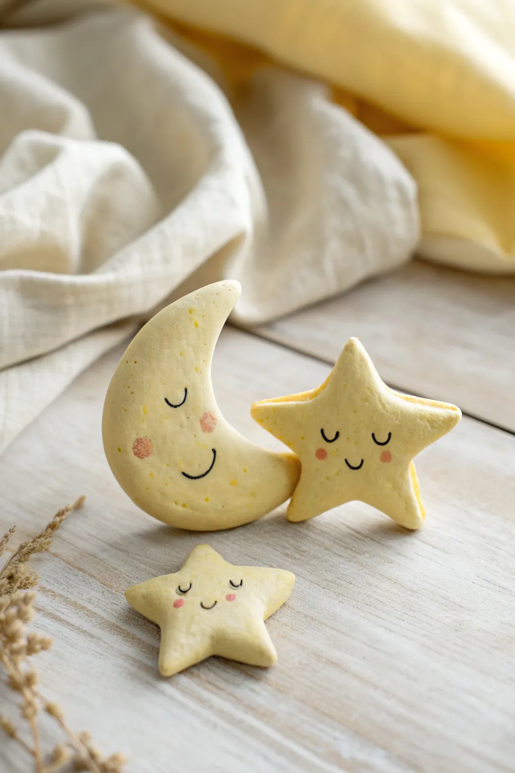 Sleepy moon and star mini clay figure in soft pastels, cozy Scandinavian boho charm.