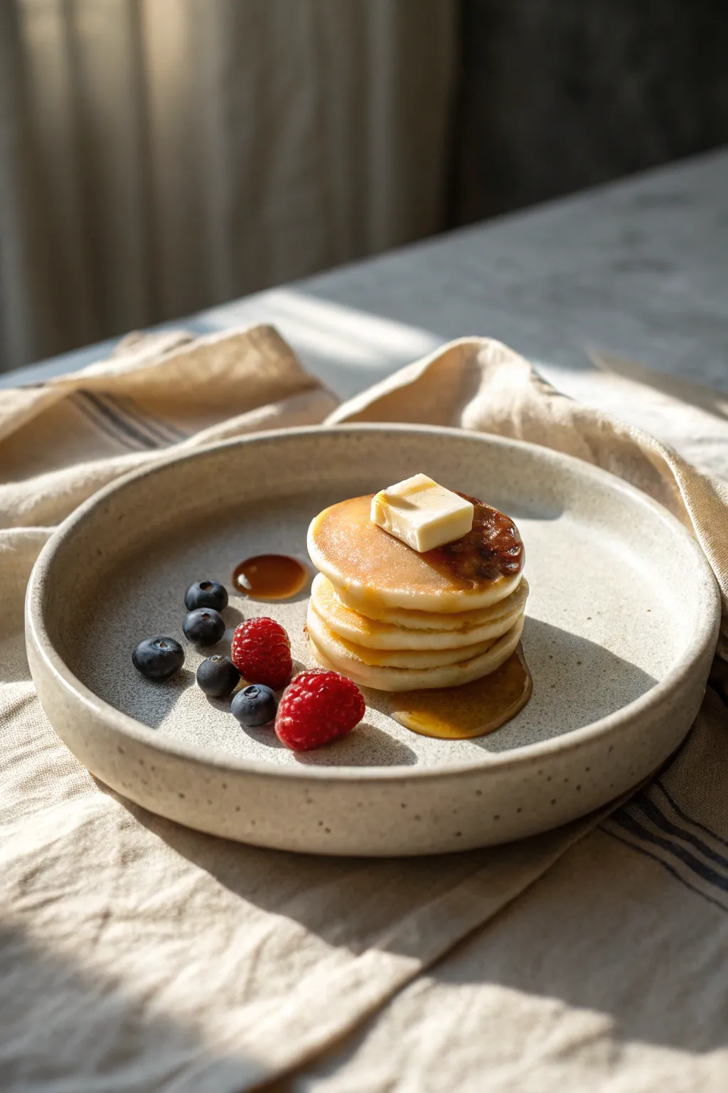 Mini clay breakfast plate with tiny pancakes, butter pat, syrup shine, and berries in soft light.