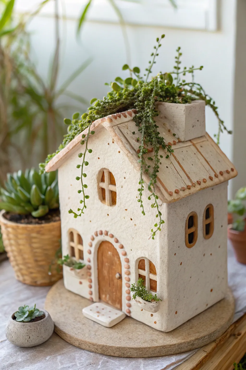 Minimal mini clay house with a living rooftop garden, clean lines, soft neutrals, and fresh green accents