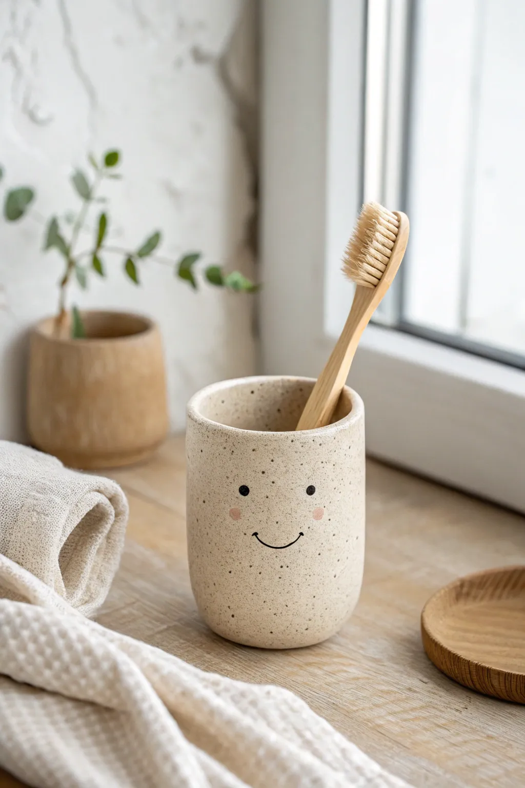 Mini clay cup with a sweet face, holding a bamboo toothbrush, minimalist Scandinavian boho vibe