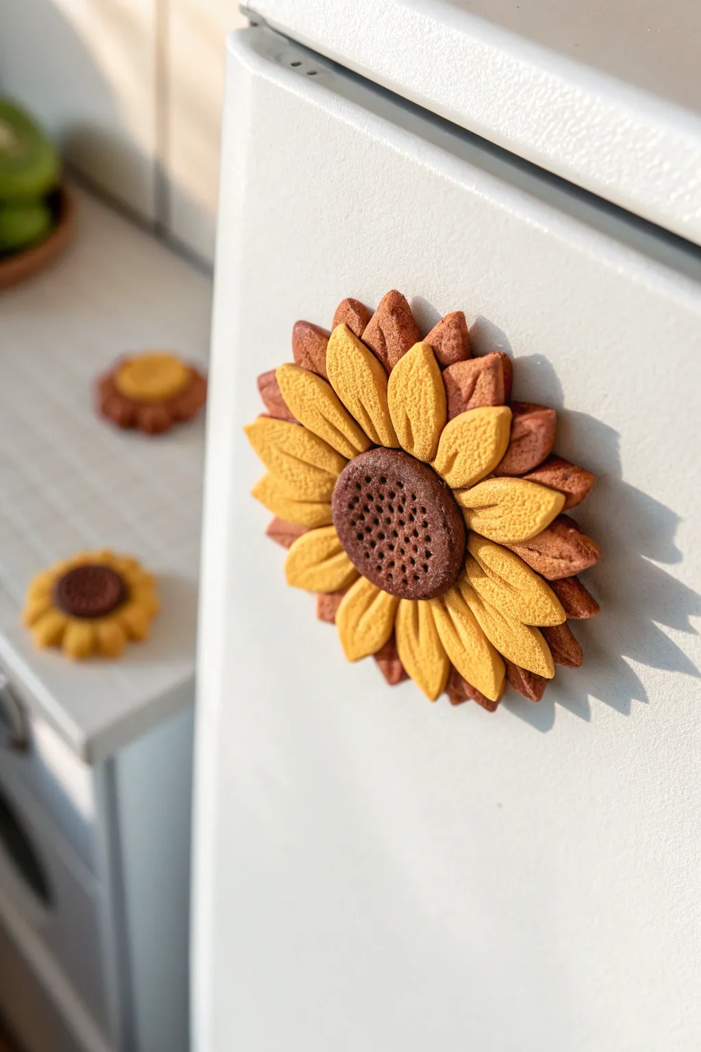 Bright mini sunflower clay magnet with simple petals, crisp focus, and clean minimalist styling